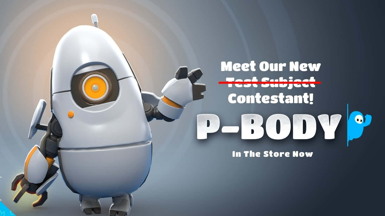 Portal Characters 桌布 壁紙 — 一個友善的白色機器人，有橙色眼睛，在數位遊戲廣告中，於宣佈「P-BODY」的粗體文字旁邊揮手。