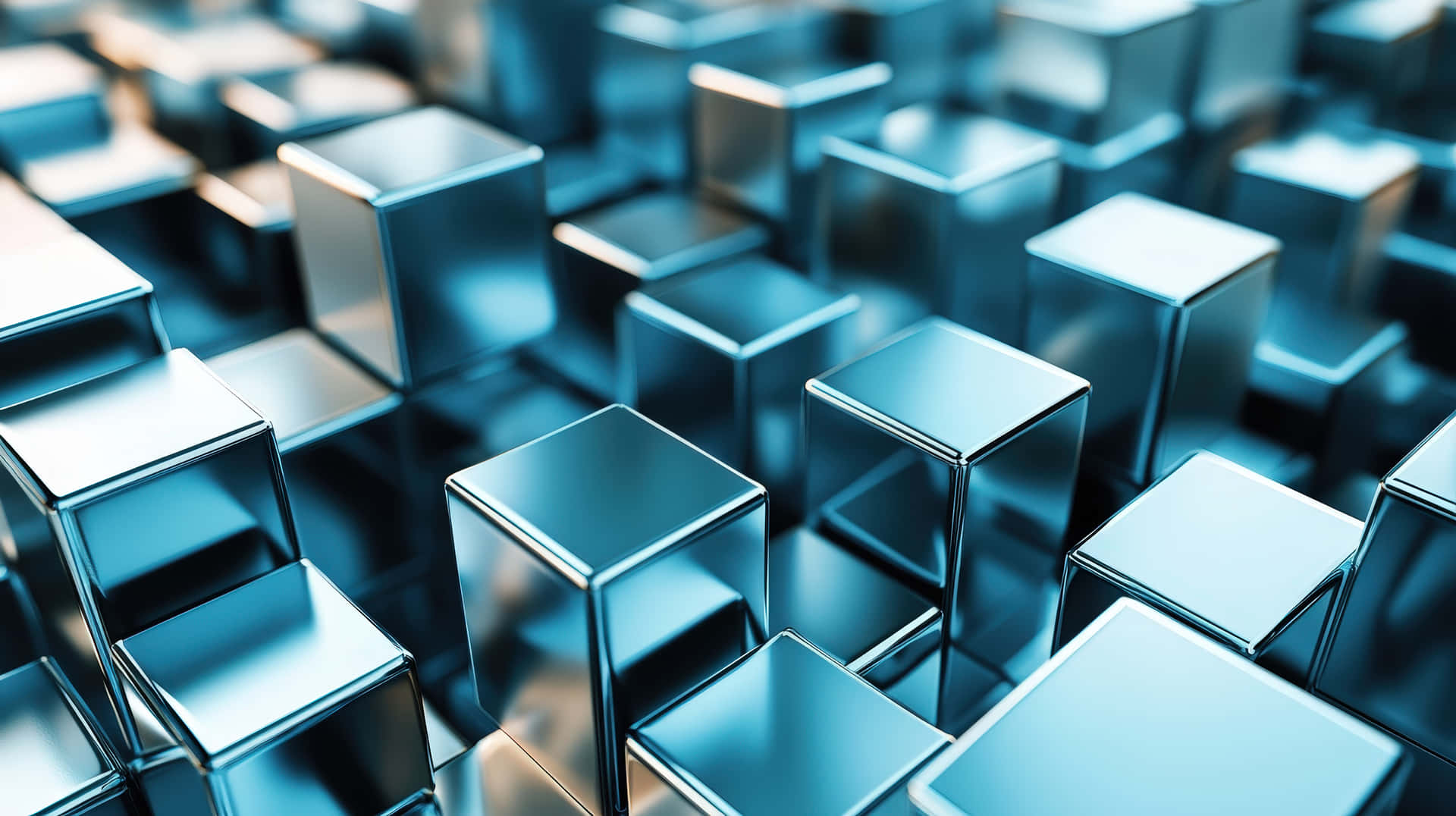 Futuristic Metallic Blue Cubes with Reflective Surfaces in 3D Abstract Design 壁紙 — 一個反射性鉻立方體的場地，以交錯圖案排列，帶有冷藍色燈光，投射出銳利的高光和陰影。