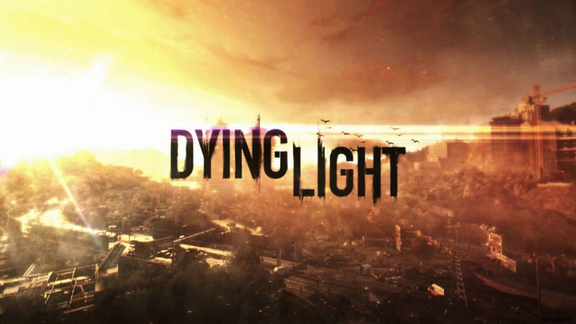 Dying Light 桌布 壁紙 — 一個反烏托邦的城市景觀，沐浴在金色的日落光線中，標題「DYING LIGHT」顯著地顯示在廢墟建築和飛鳥之上。