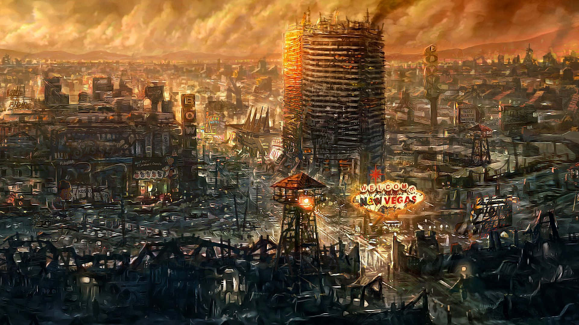 Fallout Nv 桌布 壁紙 — 一個反烏托邦的拉斯維加斯天際線，夕陽下有一座高聳、破敗的賭場，廢墟中閃爍著「歡迎來到拉斯維加斯」的標誌。