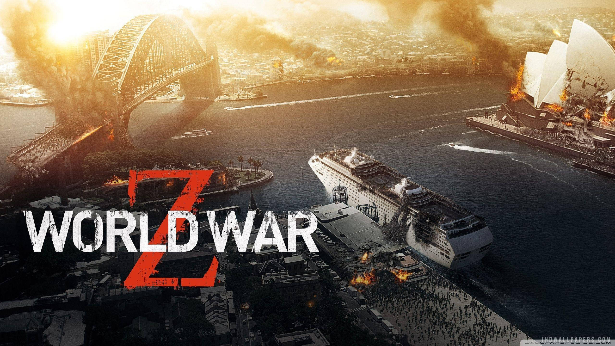 world war z 4K 桌布 壁紙 — 一個反烏托邦的雪梨天際線，燃燒的海港大橋和歌劇院，一艘巨大的遊輪在混亂中航行。
