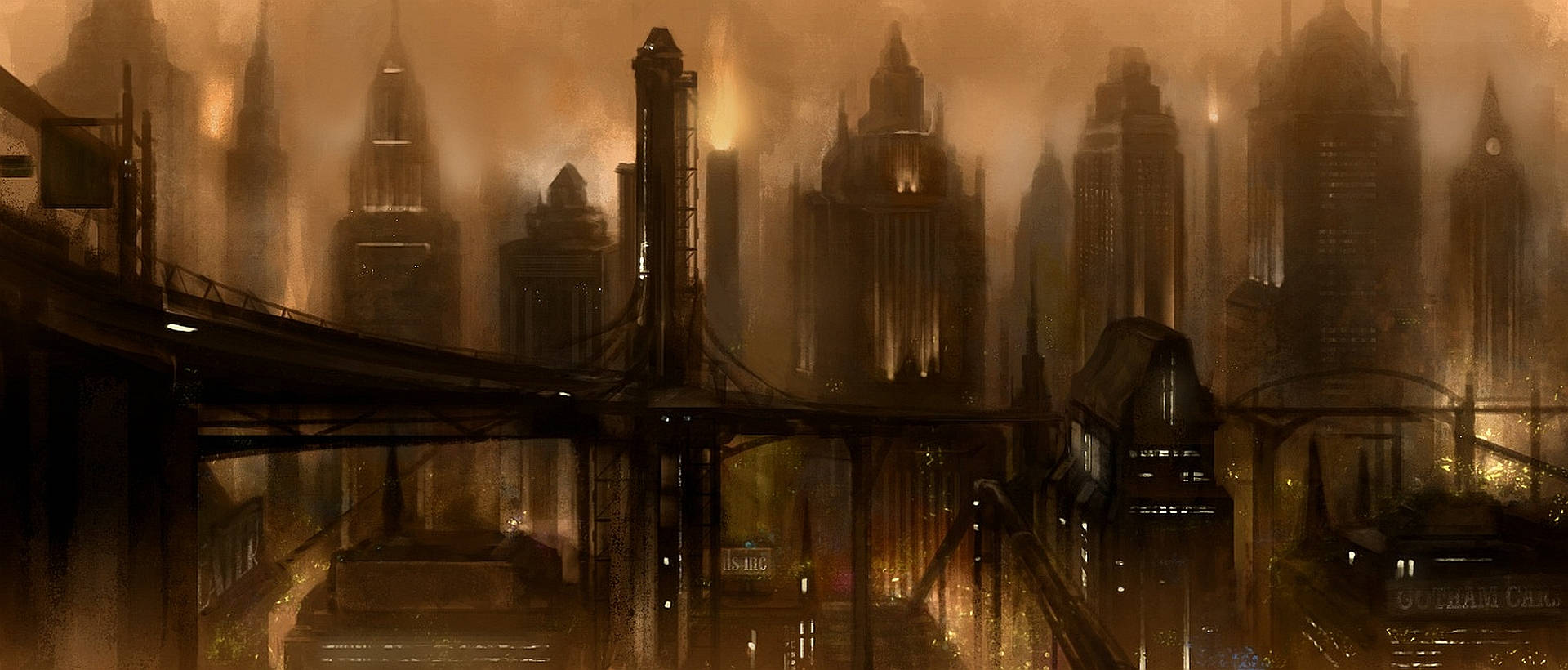 City Art 桌布 壁紙 — 一個反烏托邦的高譚市夜景，高聳的摩天大樓在橙色霧霾下倒映在濕漉漉的街道上。