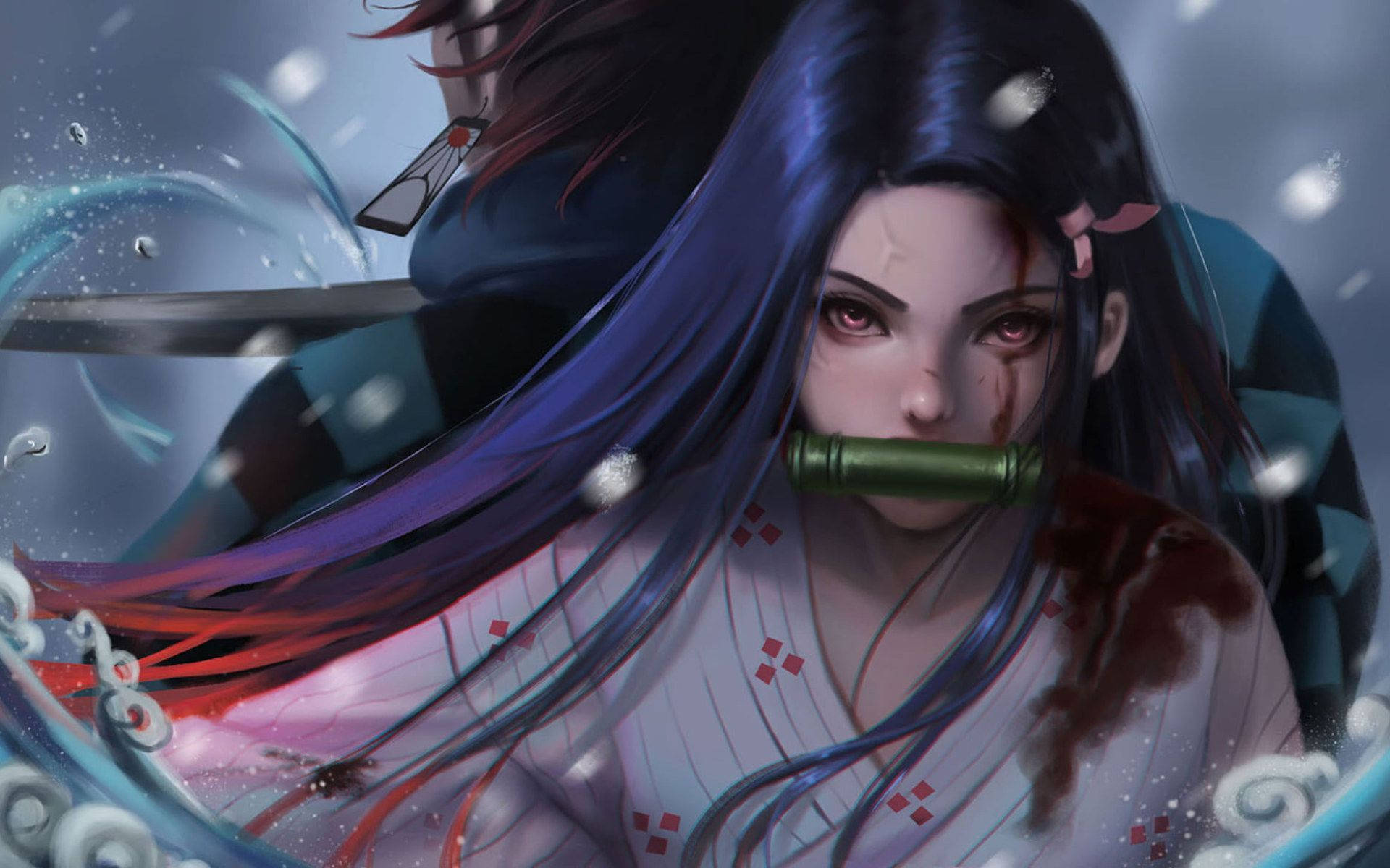 動漫女孩 桌布 壁紙 — 一個受傷的動漫女孩，藍色頭髮和紅色眼睛，嘴裡含著竹管，雪花在她周圍飄落。