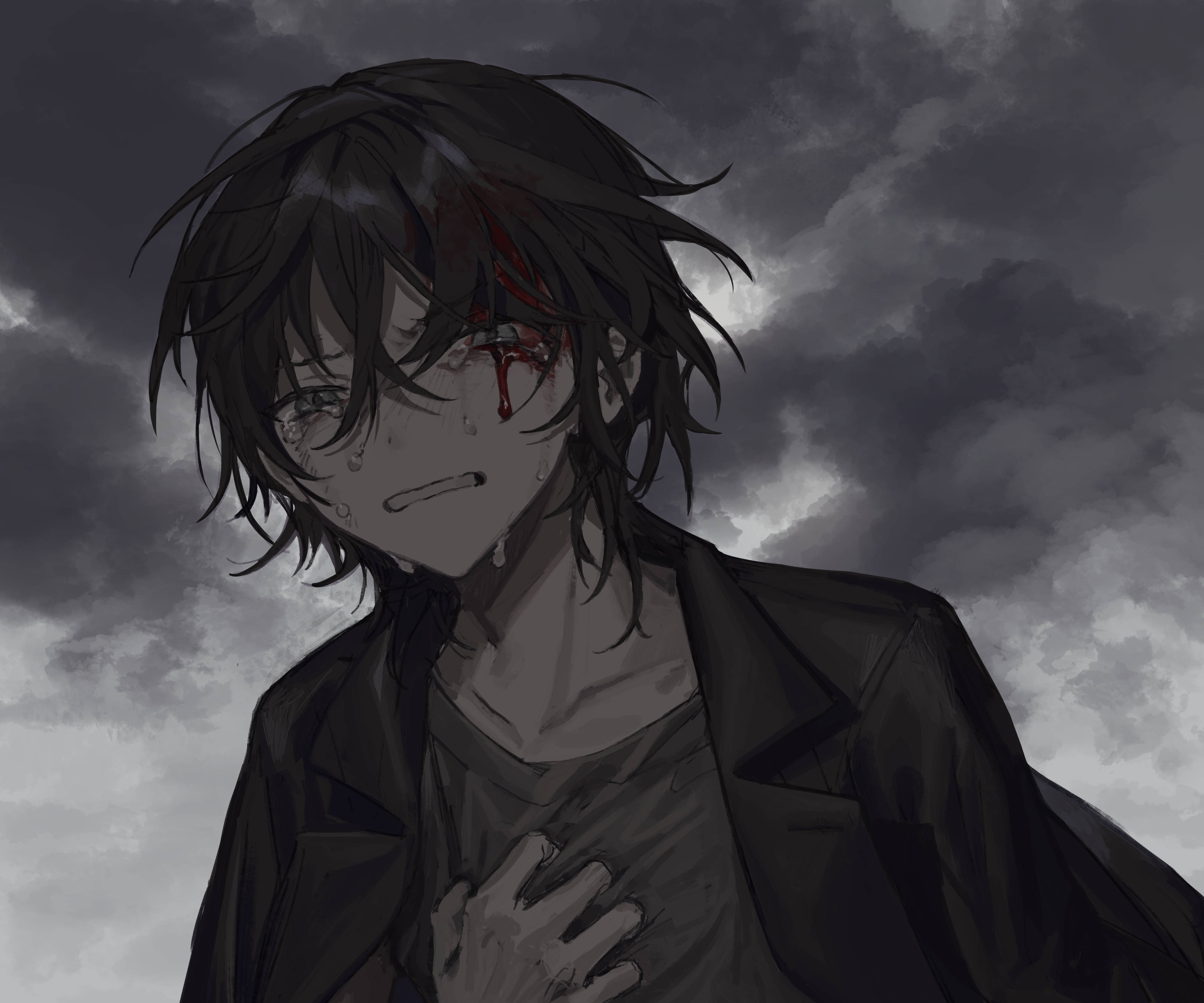 動漫男孩 桌布 壁紙 — 一個受傷的動漫男孩，臉上沾滿鮮血，淚眼汪汪，仰望風暴般的灰色天空。