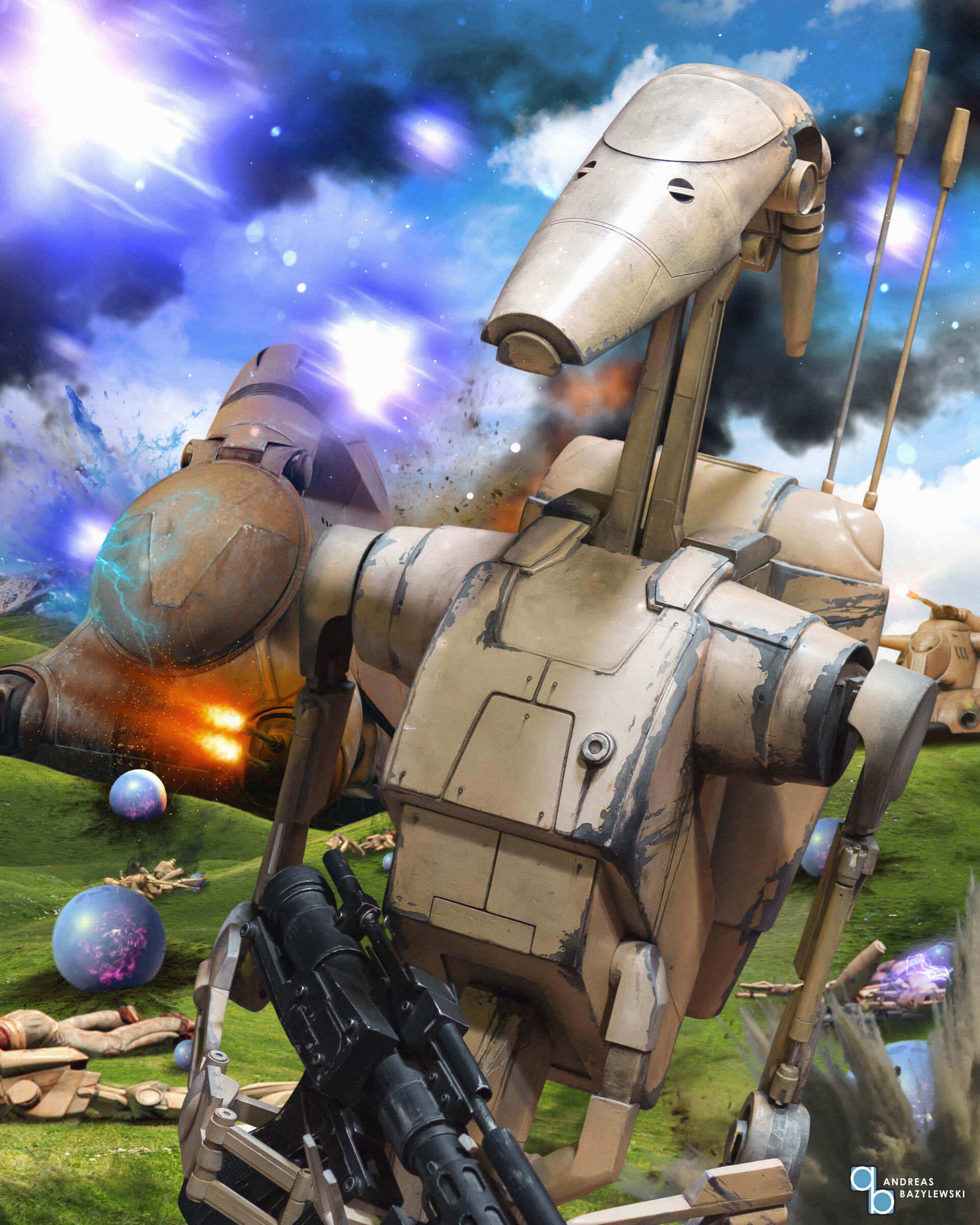 The Battle Of Naboo 桌布 壁紙 — 一個受戰鬥損壞的戰鬥機器人站在草地上，天空中有浮動球體和爆炸的宇宙景象。