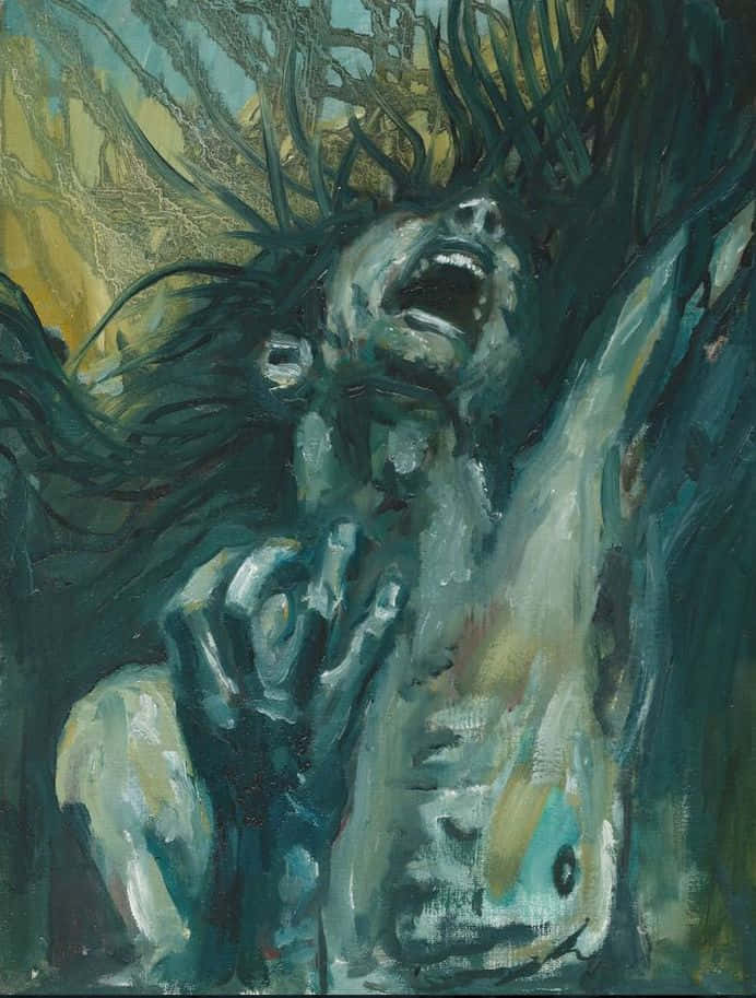 emotion 桌布 壁紙 — 一個受折磨的人物，頭髮凌亂，張開嘴巴，在混亂的樹枝纏繞和柔和青綠色黃色調的背景中尖叫。