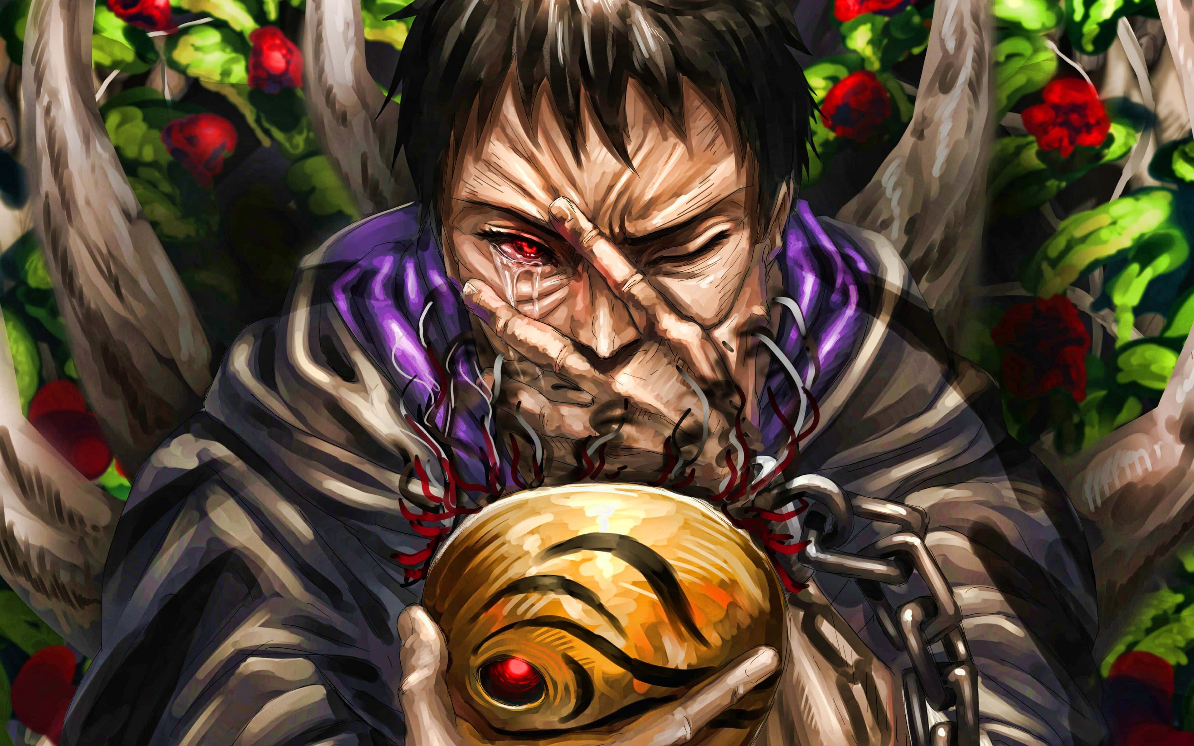 Akatsuki Tobi 桌布 壁紙 — 一個受折磨的動漫男人，紅眼睛，鎖鏈，在帶刺的紅玫瑰中緊握著一個有紅眼睛的金色面具。