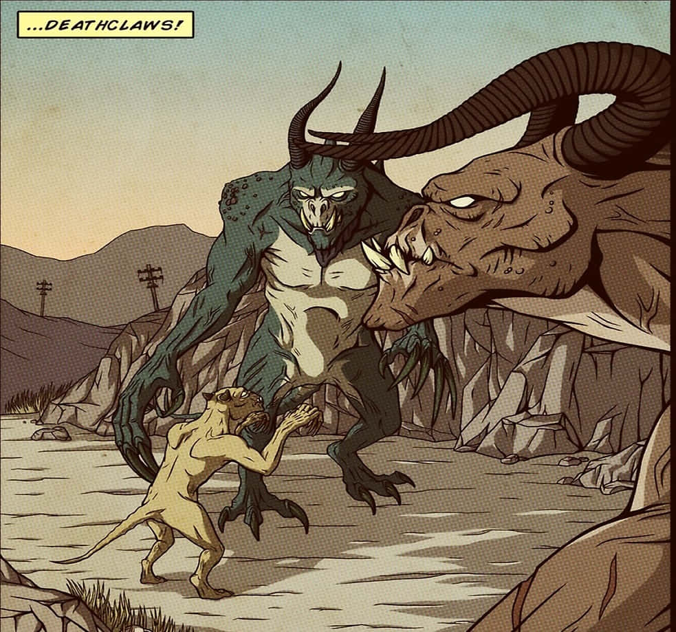 Deathclaw 桌布 壁紙 — 一個受驚的人形生物在岩石沙漠景觀中逃離兩隻長有角和爪的怪獸。