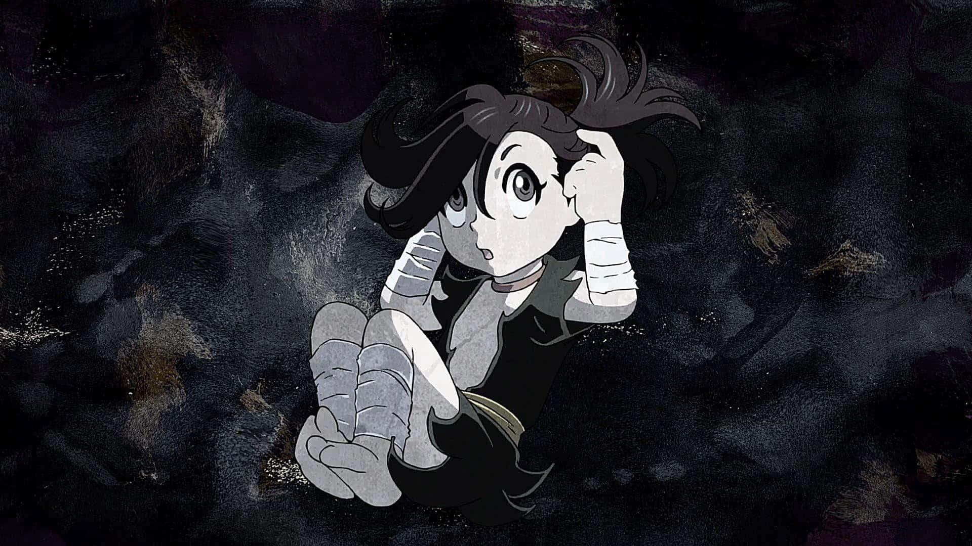 多羅羅 桌布 壁紙 — 一個受驚的動漫女孩，深色頭髮，手臂纏著繃帶，坐在陰暗、有紋理的虛空中，眼睛因震驚而睜大。