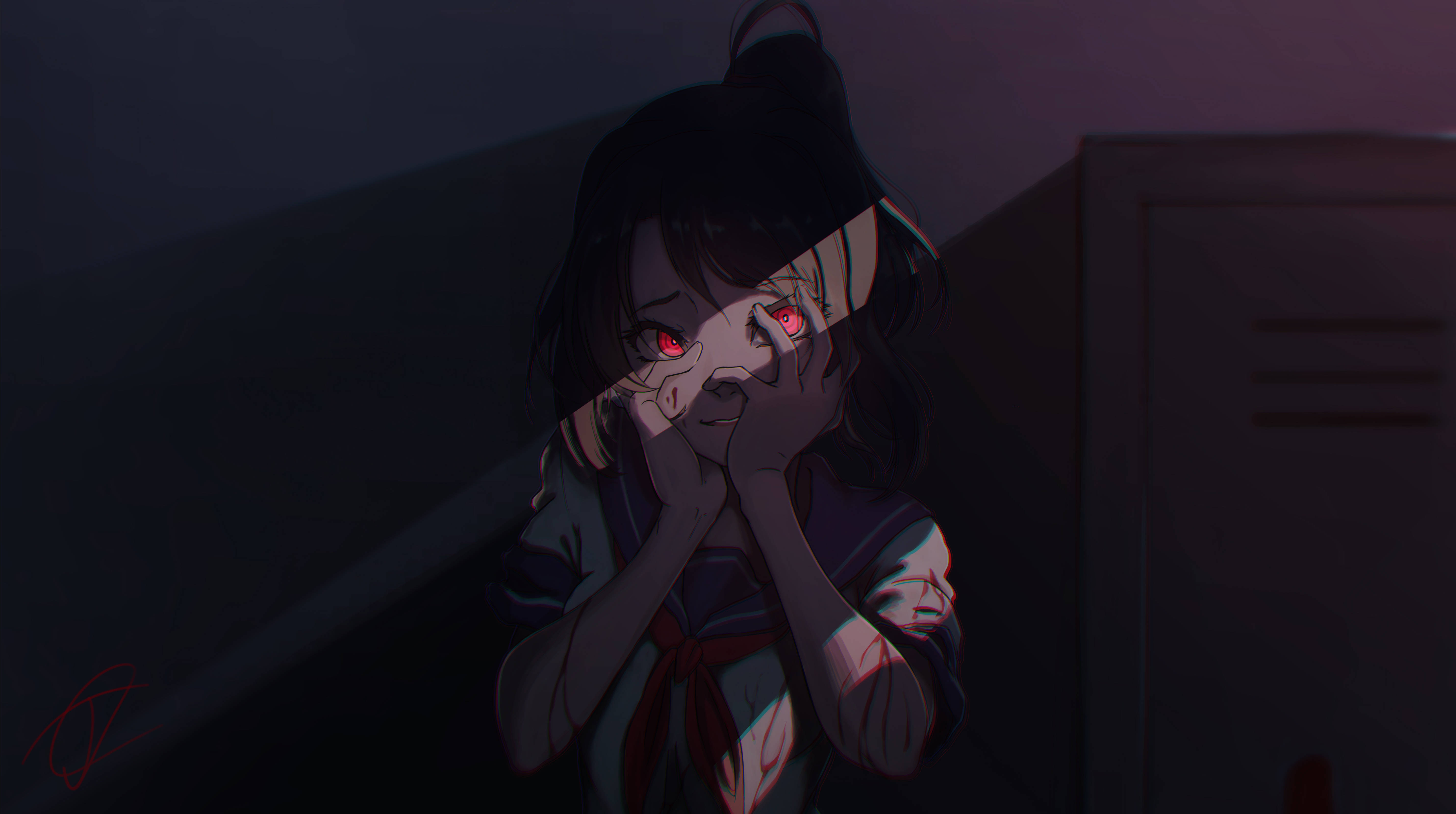 Yandere 桌布 壁紙 — 一個受驚的動漫女孩，眼睛發出紅光，在燈光昏暗的走廊裡用手遮住臉。