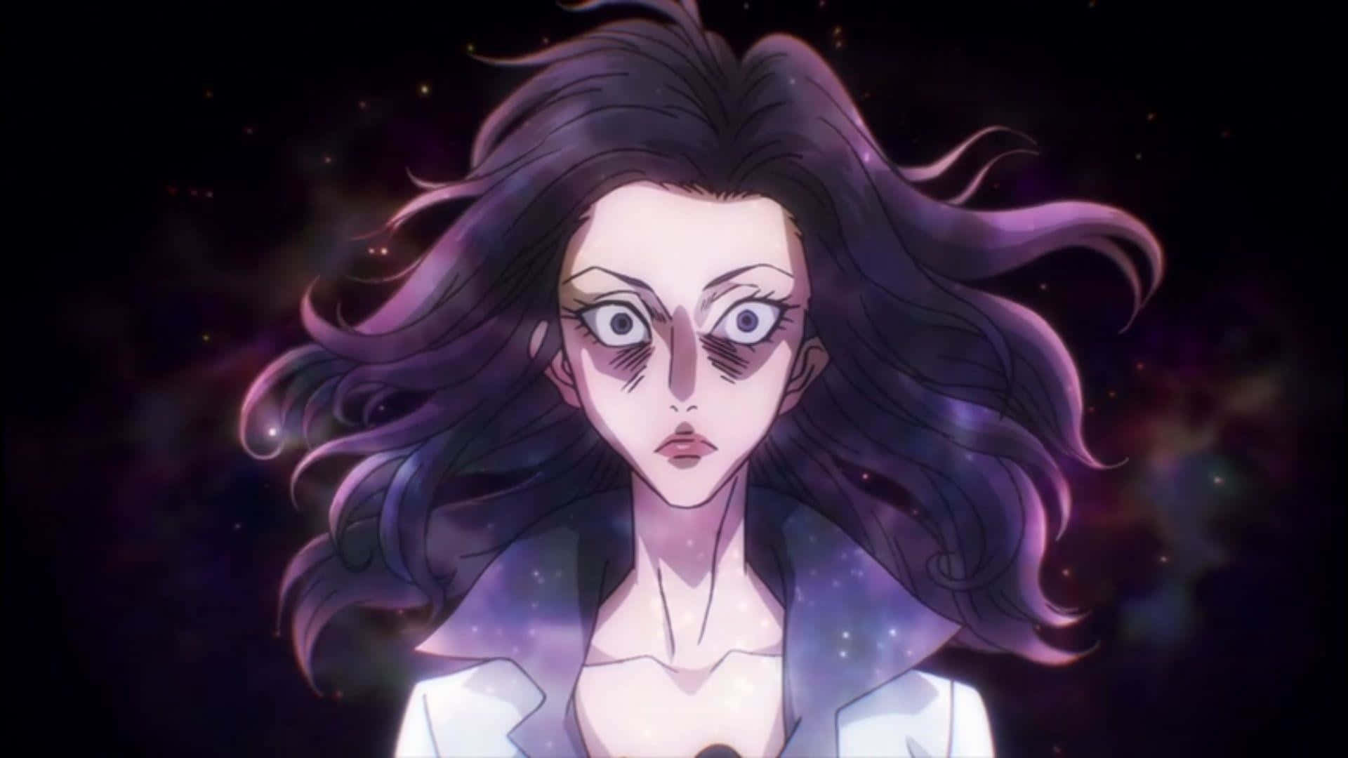 Parasyte 桌布 壁紙 — 一個受驚的動漫女性，擁有飄逸的紫色頭髮和大眼睛，凝視著宇宙星空背景。