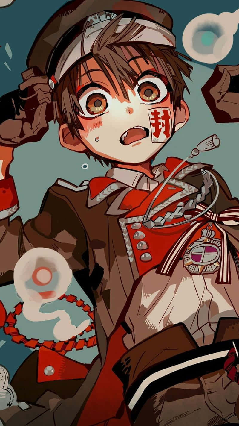動漫男孩 桌布 壁紙 — 一個受驚的動漫男孩，穿著紅棕色制服，臉頰上有印記，周圍漂浮著魔法球體。