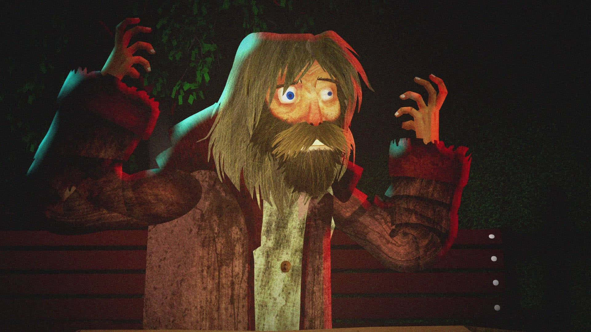 Animated 桌布 壁紙 — 一個受驚的動畫男人，頭髮和鬍子亂糟糟，夜晚坐在長椅上，被詭異的紅光和藍光照亮。