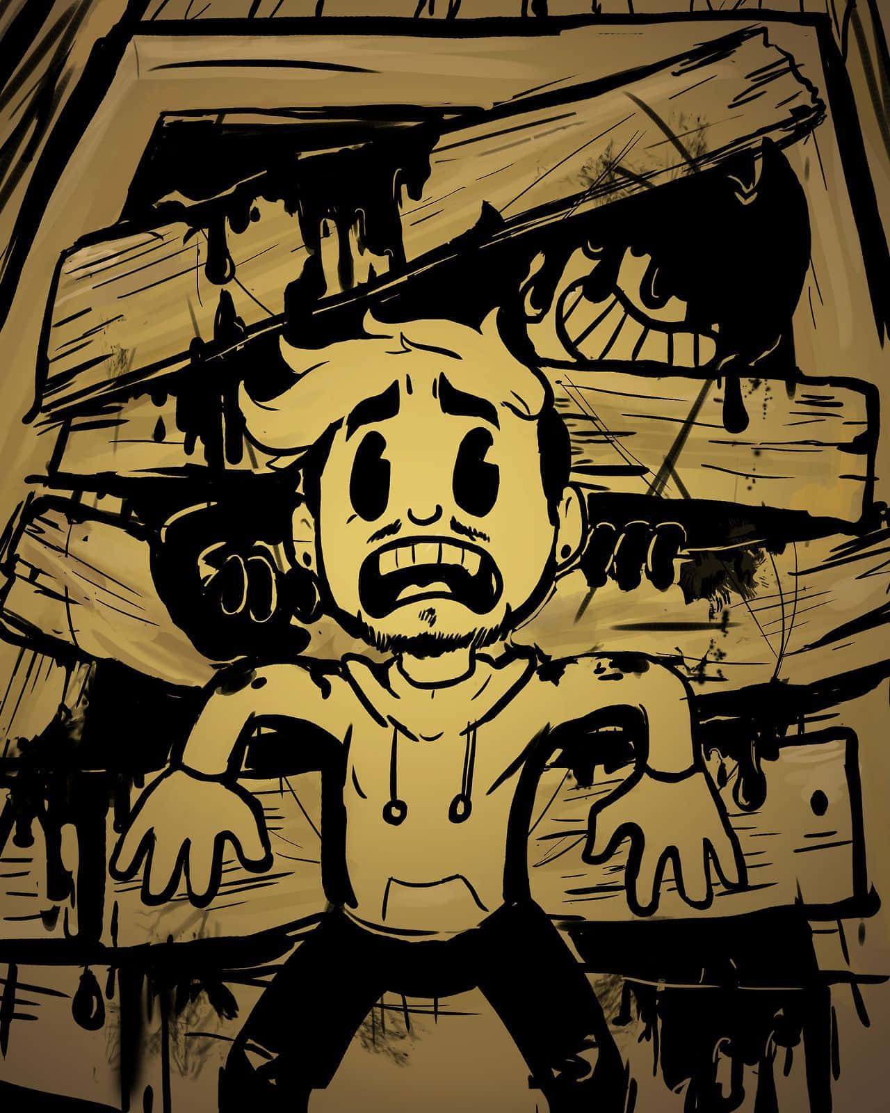 Bendy 桌布 壁紙 — 一個受驚的卡通男人尖叫，一隻怪物的眼睛從倒塌的木闆後面窺視，呈現棕褐色調的恐怖場景。
