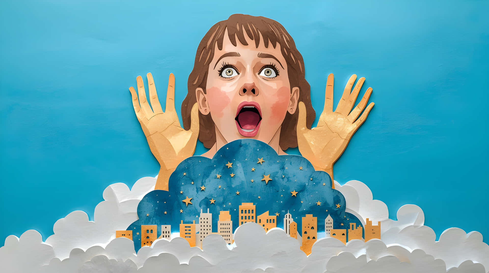Surprised Woman Looking at City Skyline Paper Craft Wallpaper 壁紙 — 一個受驚的女孩睜大眼睛張開嘴，從雲中出現，手持繁星點點的城市景觀。