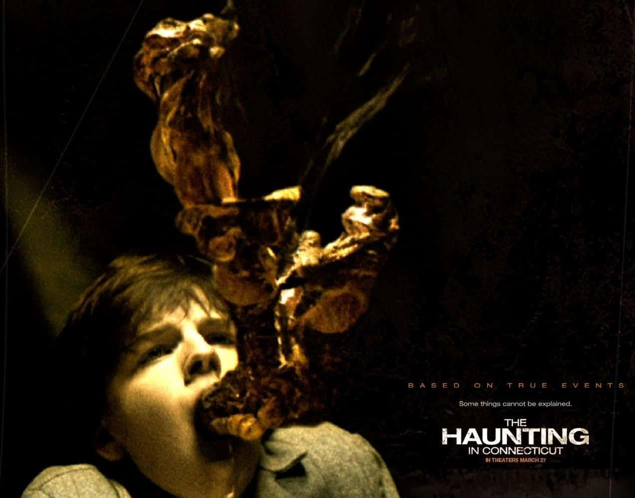 Scary Movies 桌布 壁紙 — 一個受驚的孩子向上凝視，一個怪誕的金色惡魔實體在黑暗、詭異的環境中威脅性地逼近。