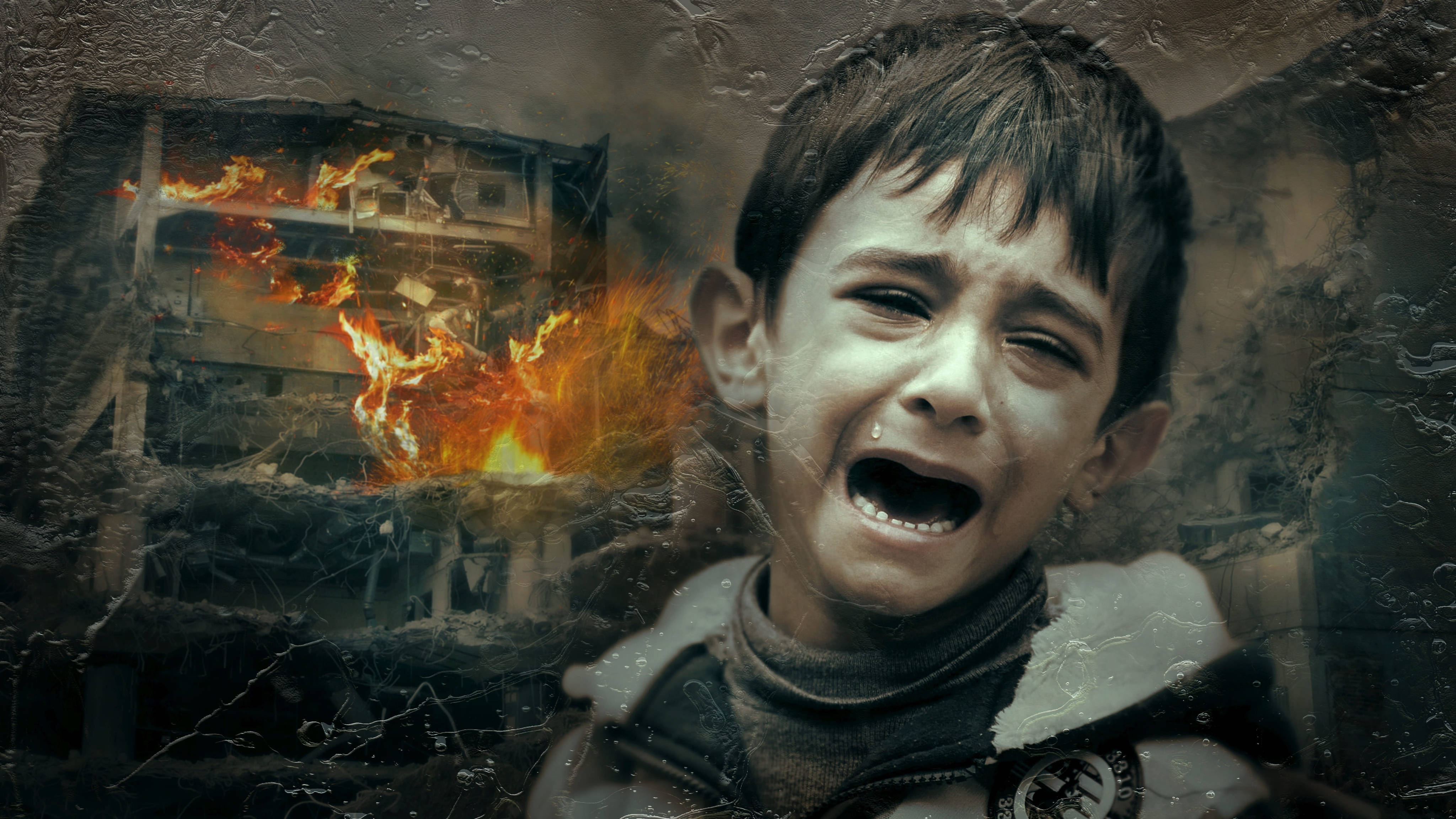crying sad boy 桌布 壁紙 — 一個受驚的孩子在燃燒的建築物前透過破裂的玻璃窗尖叫。