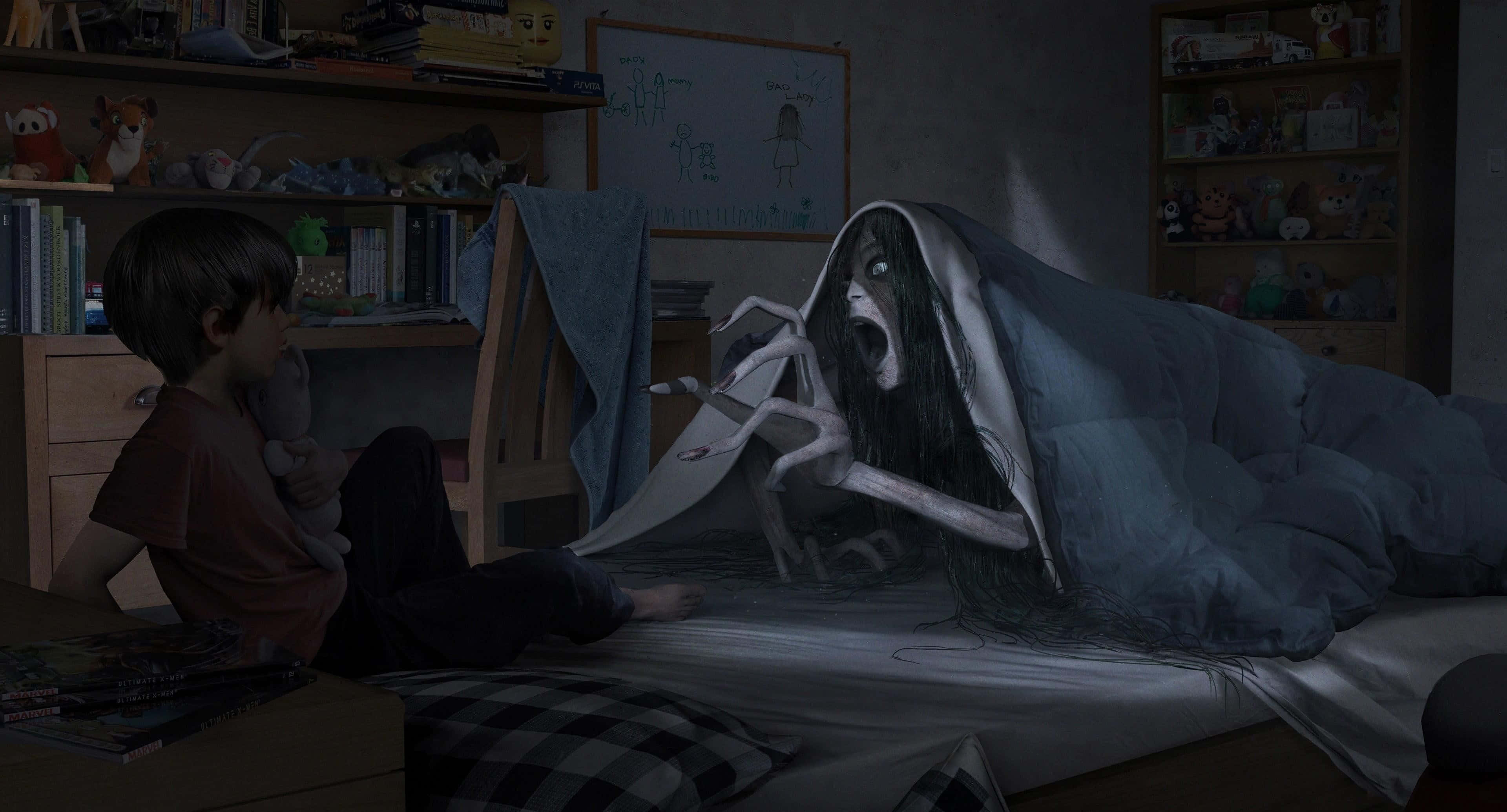 Scary Movies 桌布 壁紙 — 一個受驚的孩子坐在床上，面對一個從毛毯下冒出的幽靈般身影，在昏暗的臥室中。