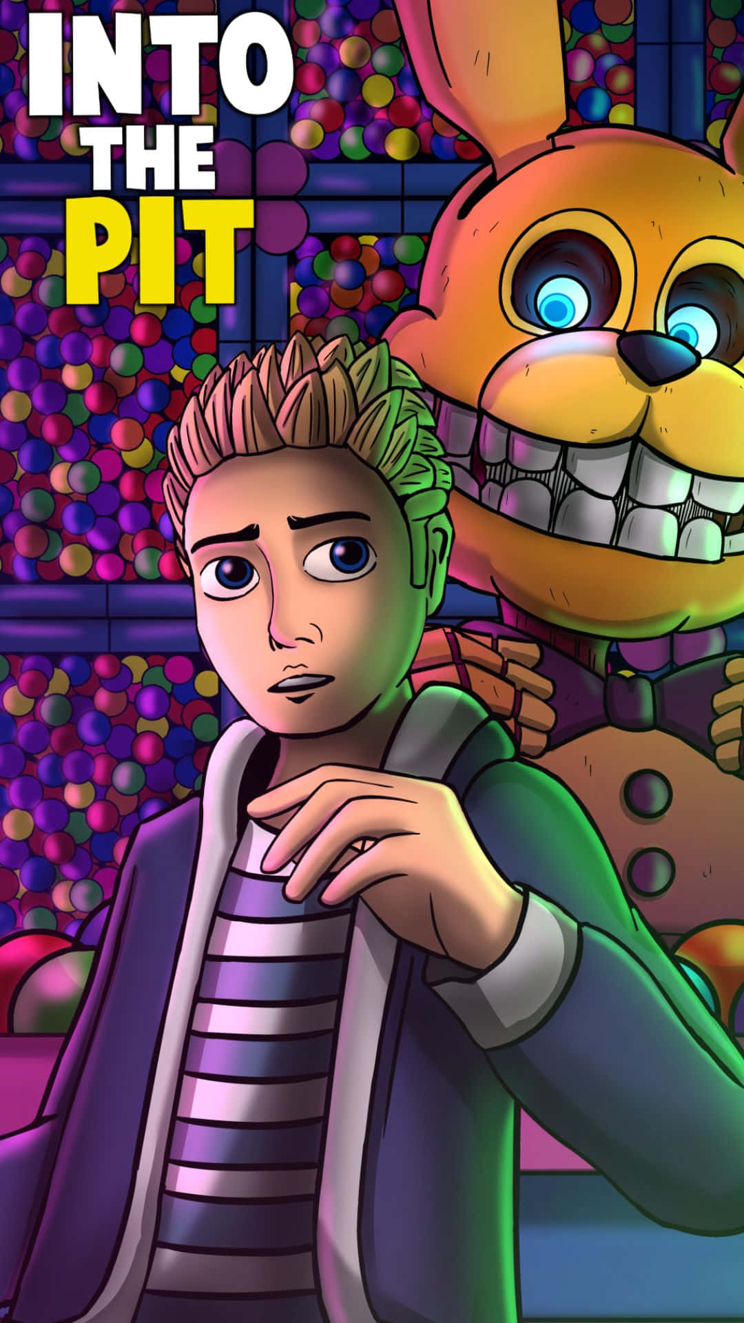 Fazbear Frights 桌布 壁紙 — 一個受驚的年輕男子站在一個帶有發光眼睛的威脅性電子動畫兔子前，背景是色彩繽紛的糖果球。