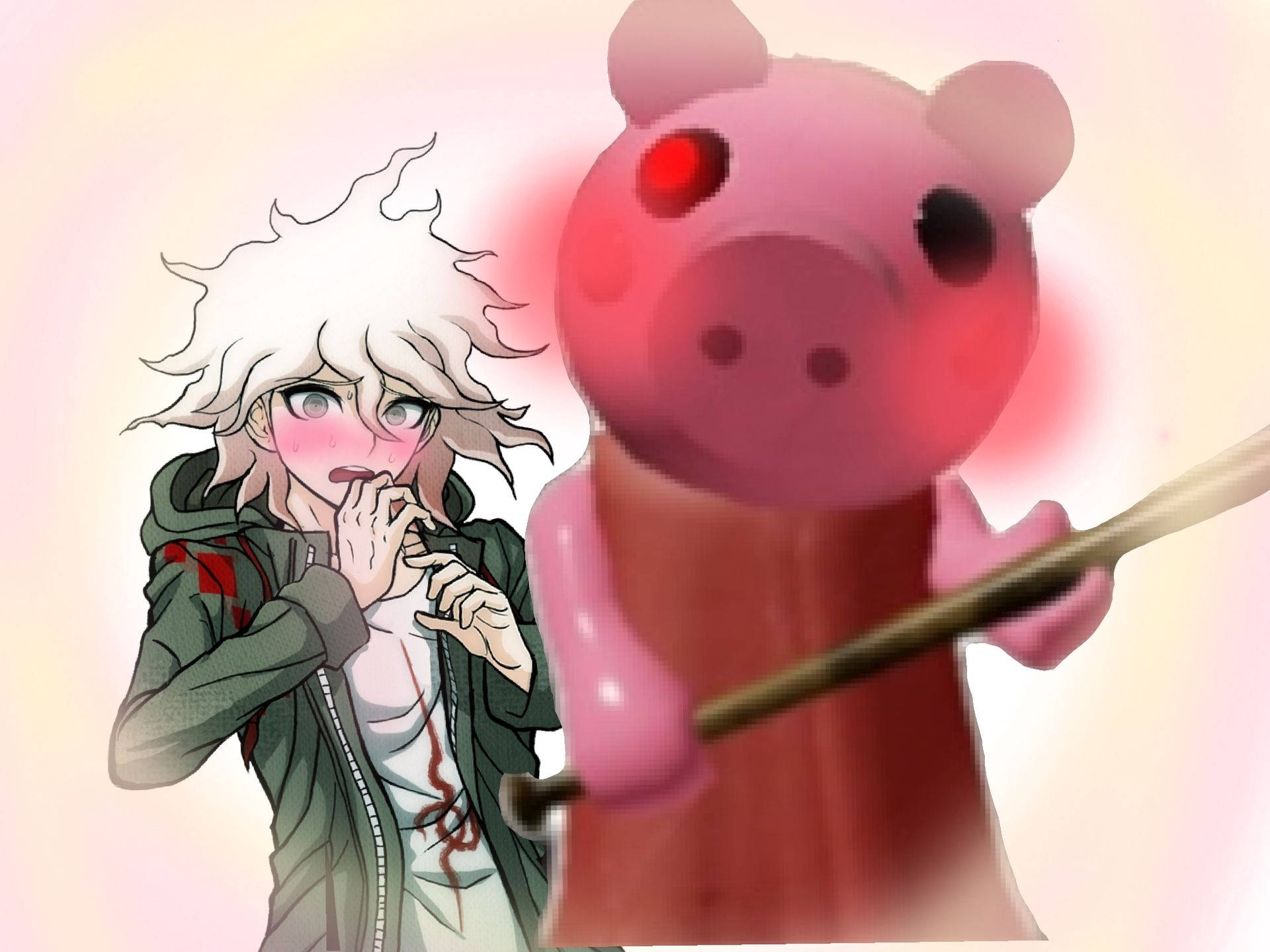 Piggy 桌布 壁紙 — 一個受驚的白髮動漫角色躲藏在一個有發光紅眼的大型粉紅豬頭木偶後面。