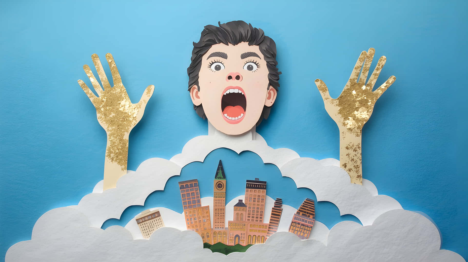 Shocked Boy Above Miniature Paper City Clouds Wallpaper 壁紙 — 一個受驚的紙剪裁人物，閃爍的金色雙手從雲層中浮現，背景是藍色，下方是微型城市景觀。