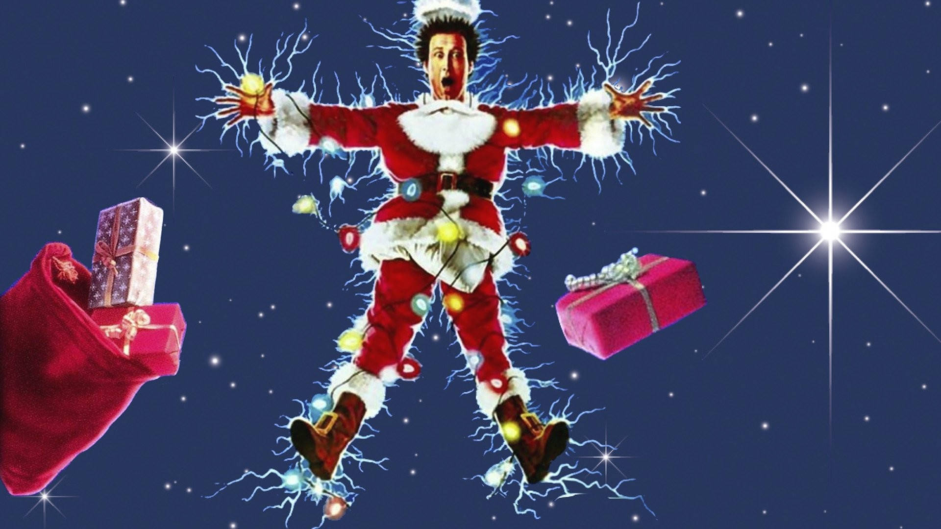 Christmas Vacation 桌布 壁紙 — 一個受驚的聖誕老人被電火花電擊，漂浮在漂浮的禮物和星星之間，背景是深藍色的夜空。