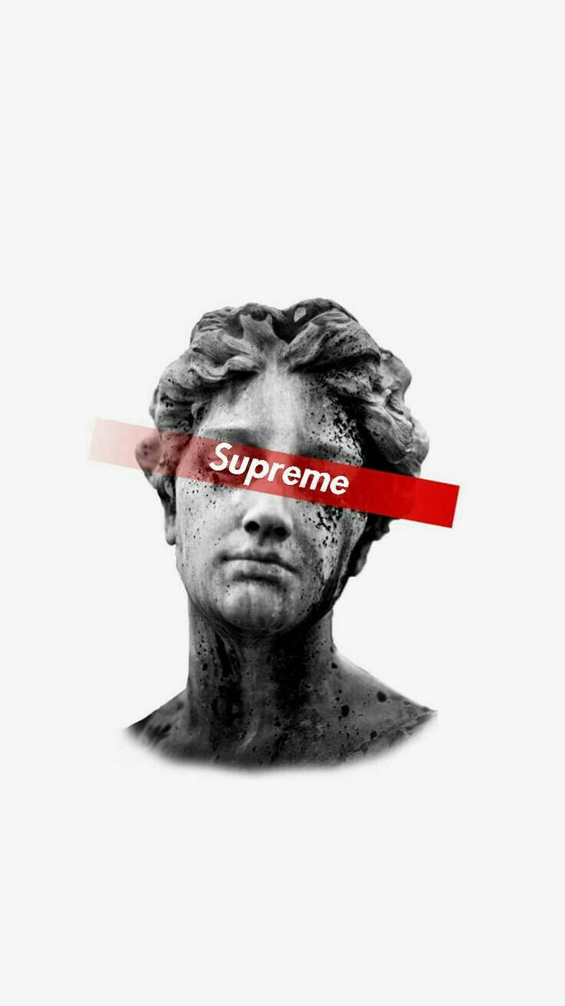 supreme aesthetic 桌布 壁紙 — 一個古典人物的單色大理石半身像，眼睛上貼有紅色Supreme標誌膠帶。
