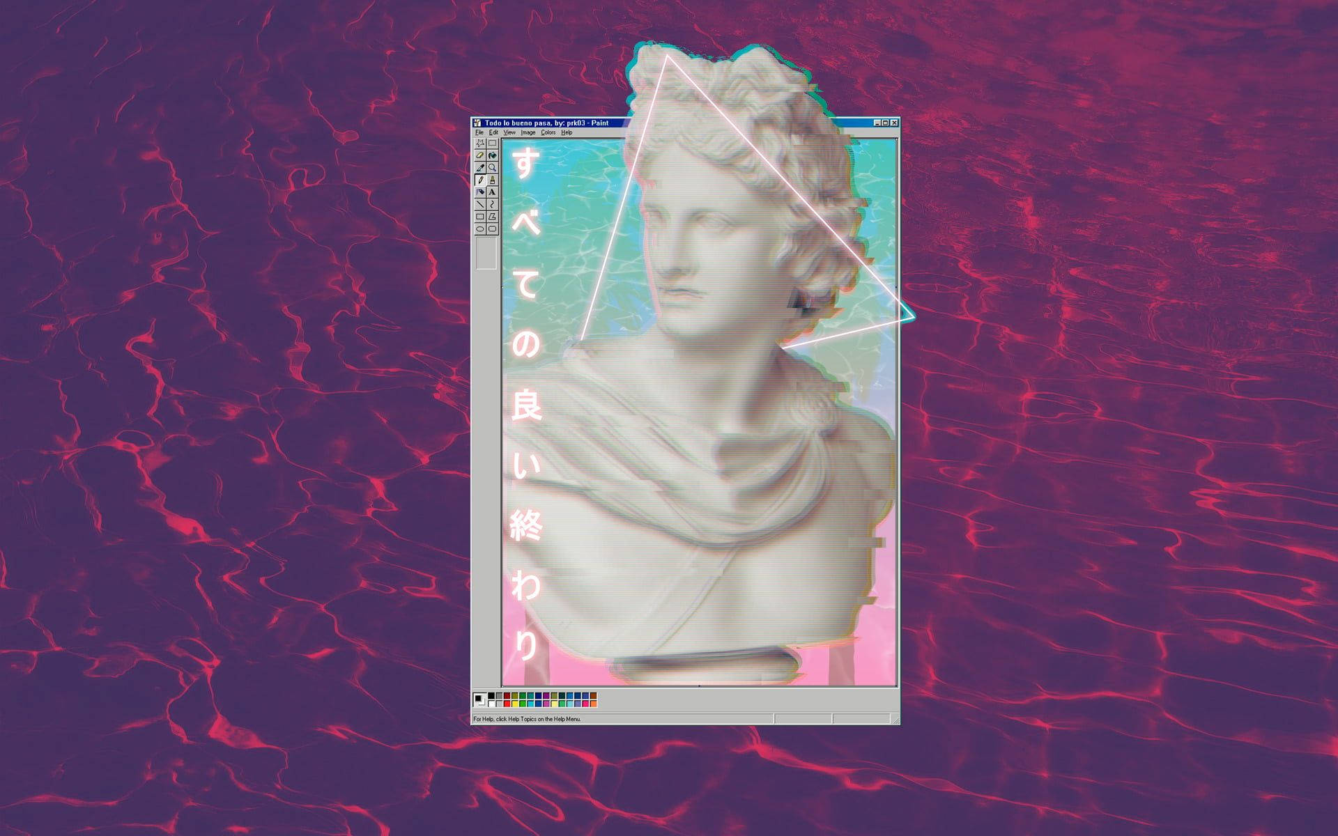 蒸氣波 桌布 壁紙 — 一個古典大理石半身像漂浮在數位照片編輯器視窗中，背景是漣漪的洋紅色和紫色液體。