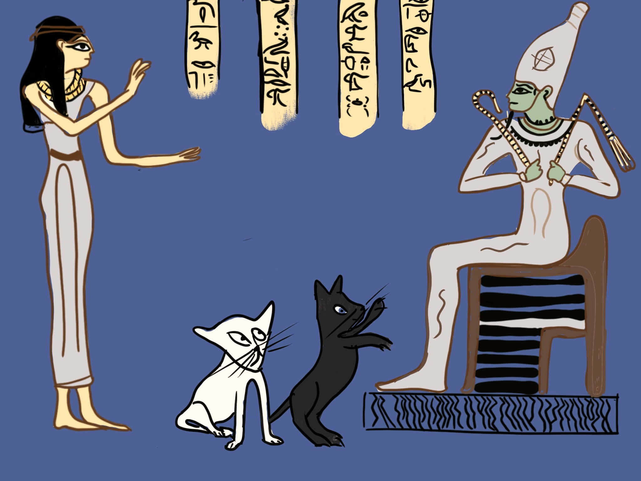 藝術 桌布 壁紙 — 一個古埃及場景，描繪一名女子和一位坐著的神祇，兩側各有兩隻貓，背景為藍色並帶有象形文字。