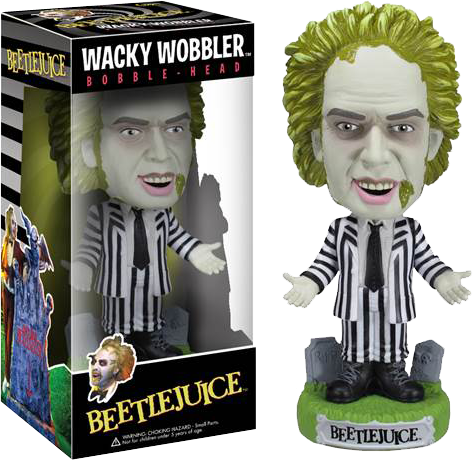Beetlejuice 桌布 壁紙 — 一個古怪的Beetlejuice搖頭公仔，身穿標誌性條紋西裝，綠色頭髮，底座是墓地。