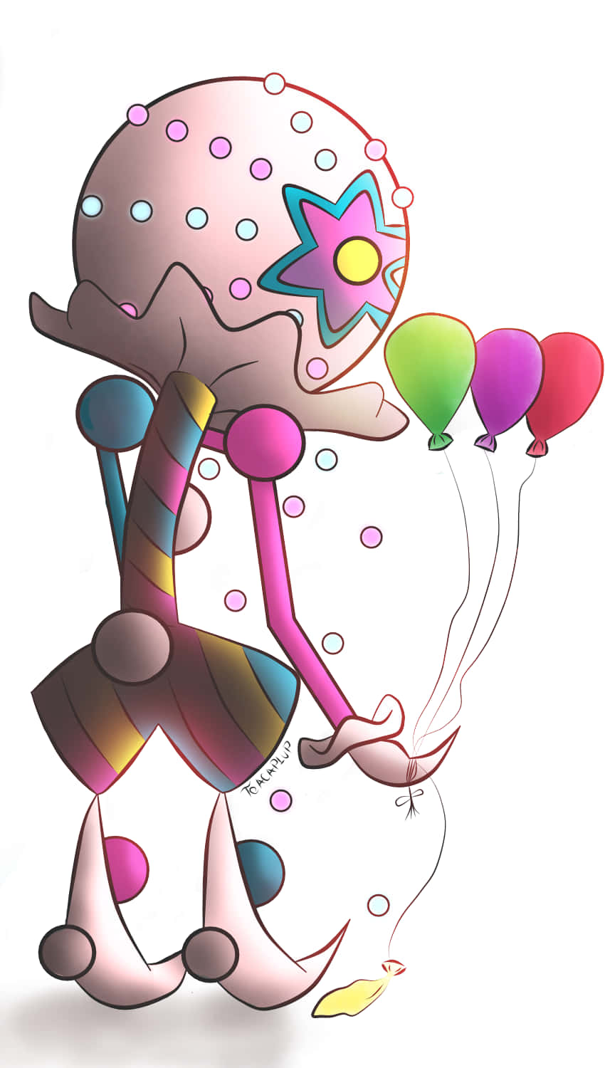 Pokemon Aesthetic 桌布 壁紙 — 一個古怪的卡通角色，頭部有圓點圖案，四肢有條紋，在白色背景前拿著彩色氣球。