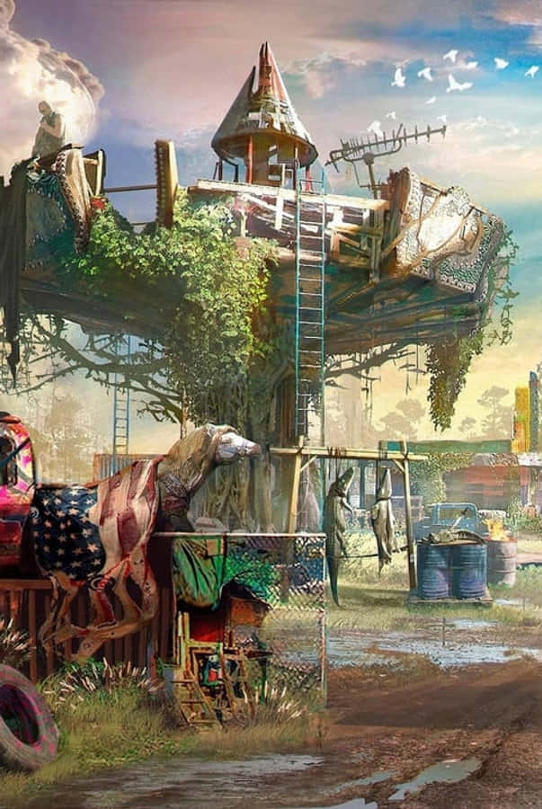 iPhone X Far Cry New Dawn 桌布 壁紙 — 一個古怪的樹屋堡壘，長滿藤蔓，堆滿雜物，坐落在一棵多節的樹上，位於泥濘的末日後庭院中。