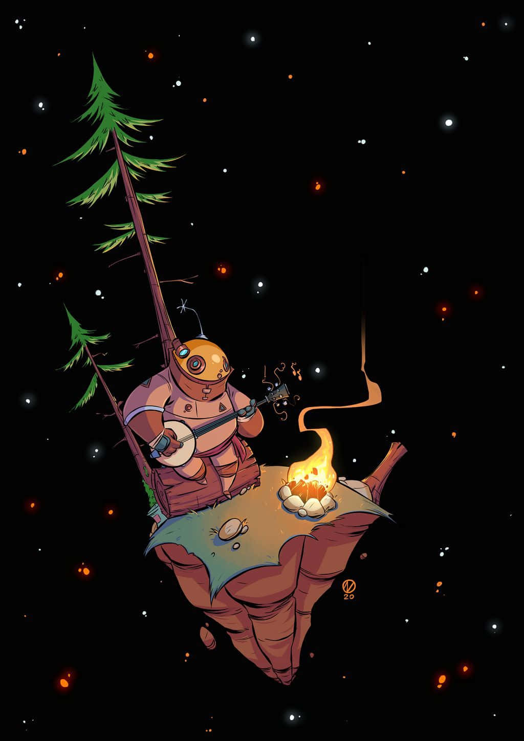 Campfire 桌布 壁紙 — 一個古怪的機器人在星空下的浮島上，在營火旁彈奏斑鳩琴。
