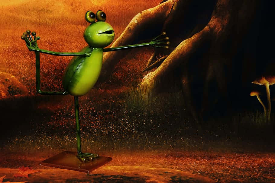 Frog 桌布 壁紙 — 一個古怪的綠色青蛙雕像在溫暖的金色燈光下，靠近彎曲的樹根和發光的蘑菇，擺出瑜珈姿勢。