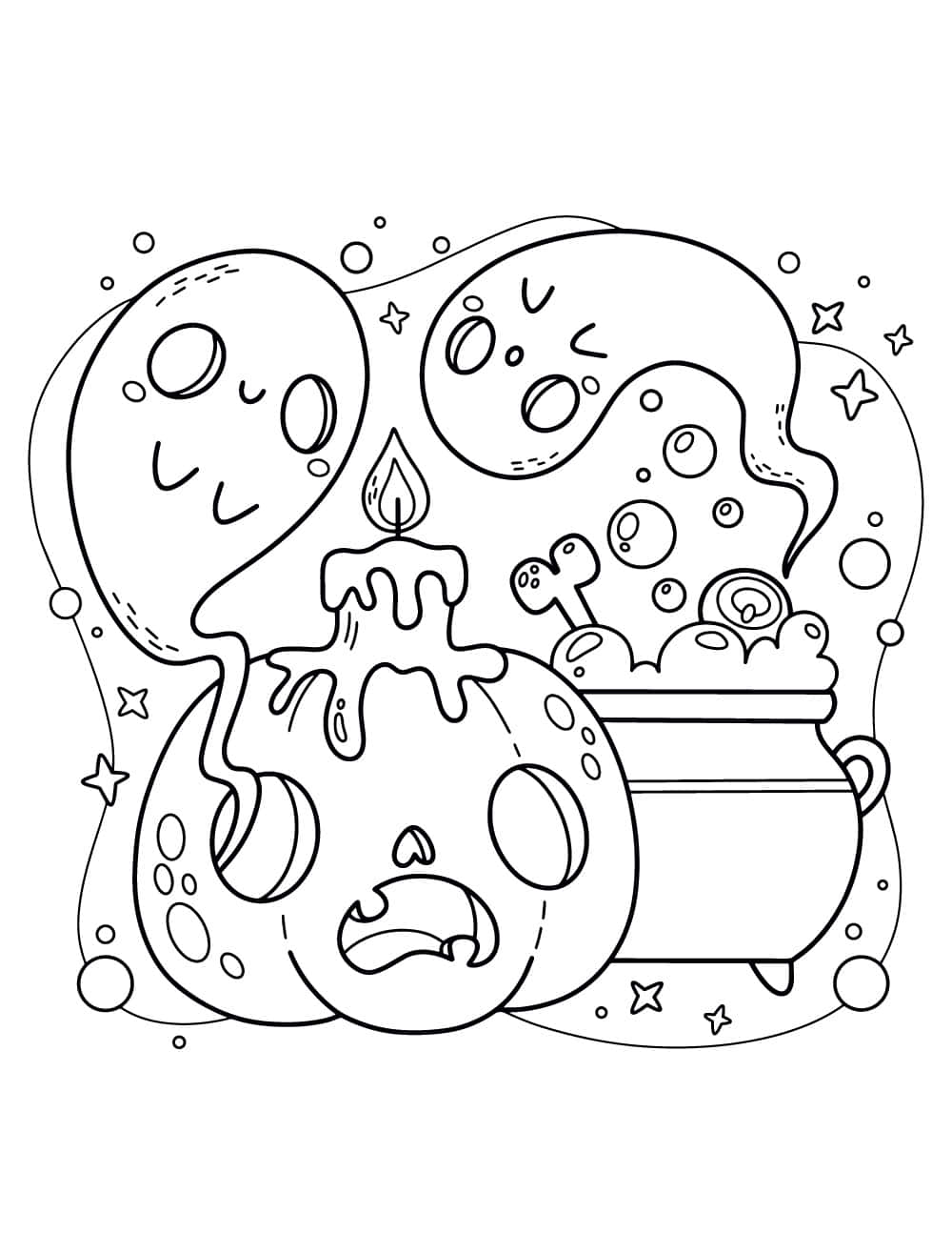 萬聖節動圖 桌布 壁紙 — 一個古怪的黑白線條畫，畫有一個冒泡的大鍋、可愛的卡通氣泡和一支正在融化的蠟燭。