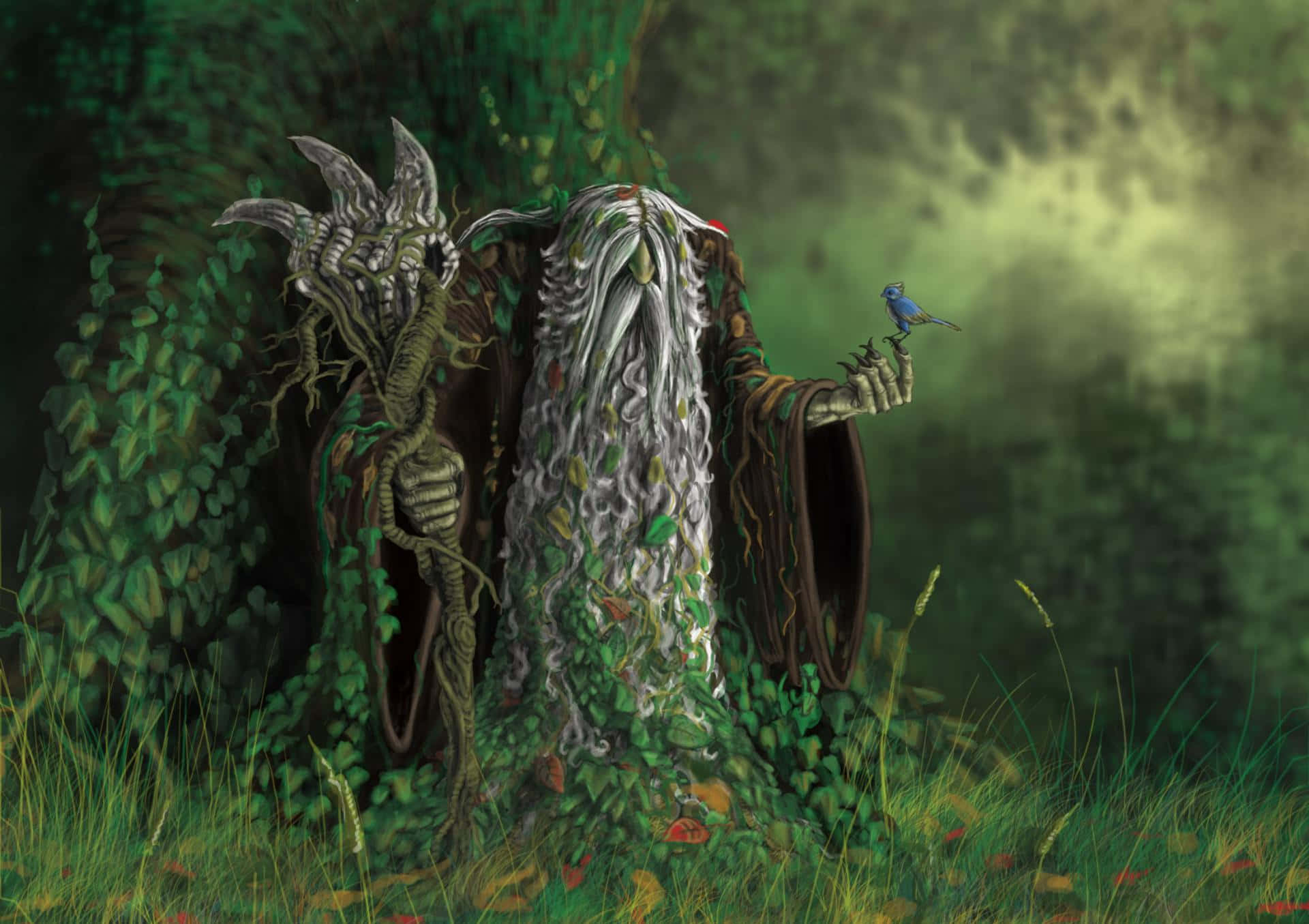 Wizardry 桌布 壁紙 — 一個古老的樹精，長著葉子鬍鬚和粗糙的雙手，在迷霧籠罩的綠色森林中懷抱一隻藍色小鳥。