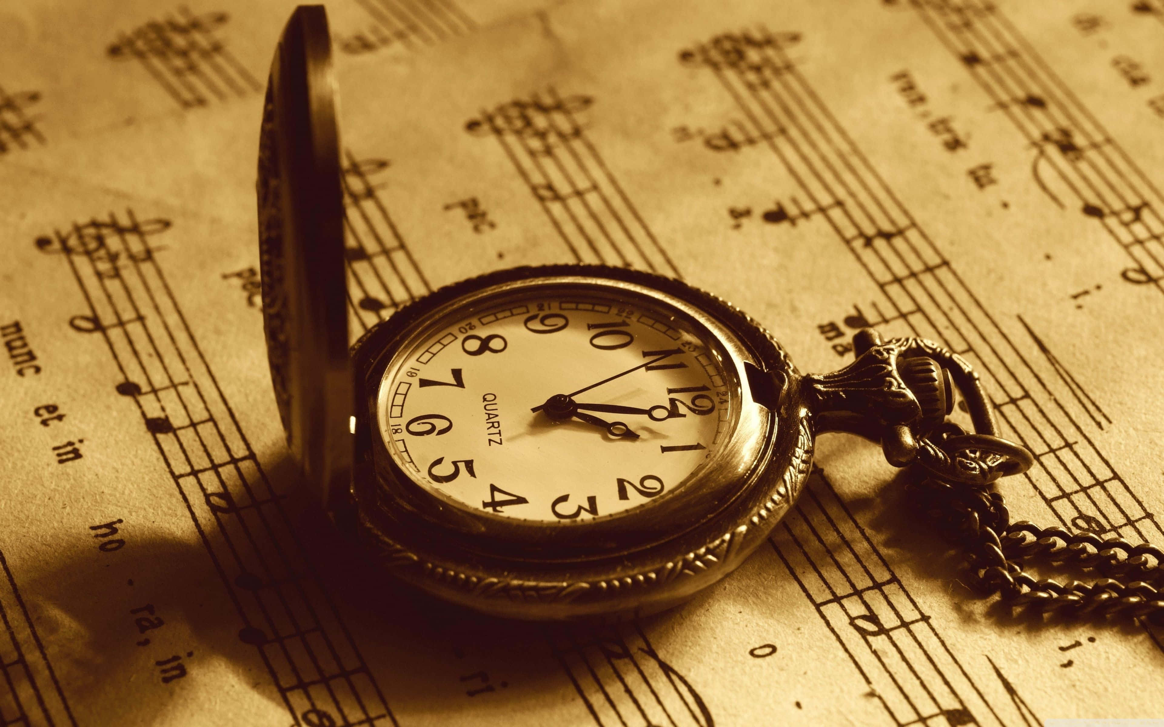 Clock 桌布 壁紙 — 一個古董懷錶打開放在泛黃的樂譜上，沐浴在溫暖的懷舊色調光線中。