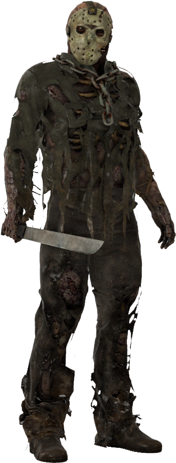 傑森·沃爾希斯 桌布 壁紙 — 一個可怕的Jason Voorhees穿著破爛衣服，手持砍刀，站在黑色背景前，氣勢洶洶。