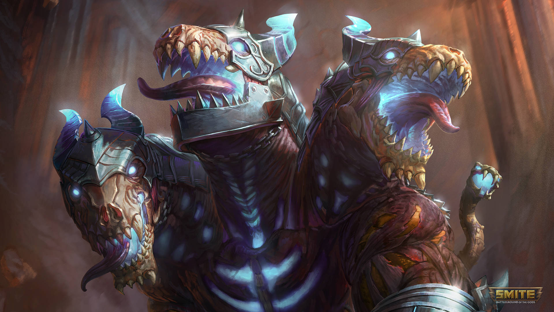 Cerberus 桌布 壁紙 — 一個可怕的三頭惡魔生物，擁有發光的藍色眼睛和裝甲板，在黑暗、煙霧繚繞的背景中威脅性地咆哮。
