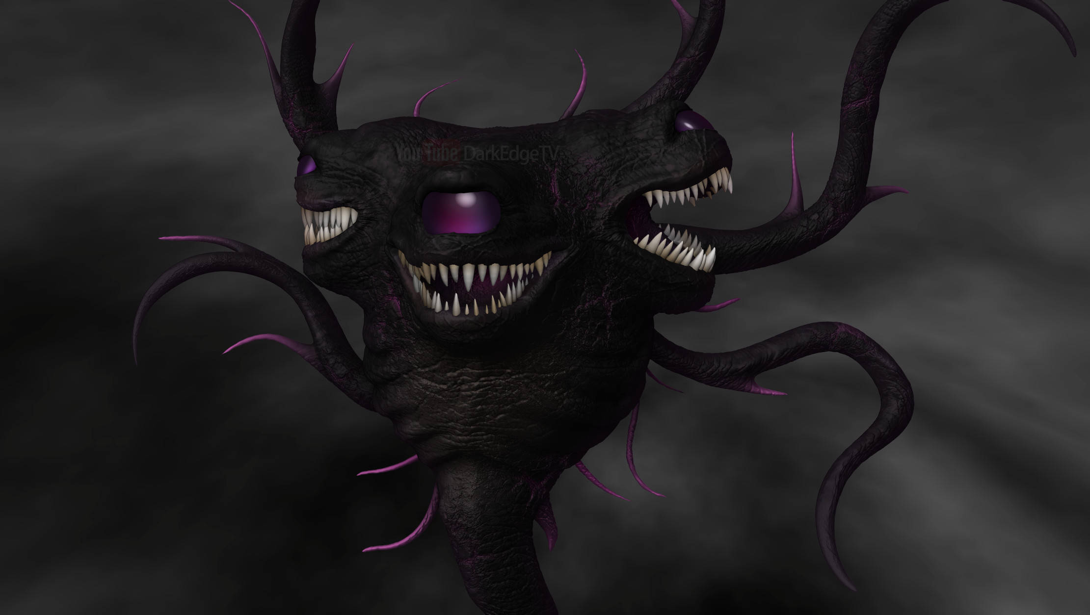 Wither 桌布 壁紙 — 一個可怕的三頭黑色怪物，擁有發光的紫色眼睛和鋒利的牙齒，從黑煙中出現。