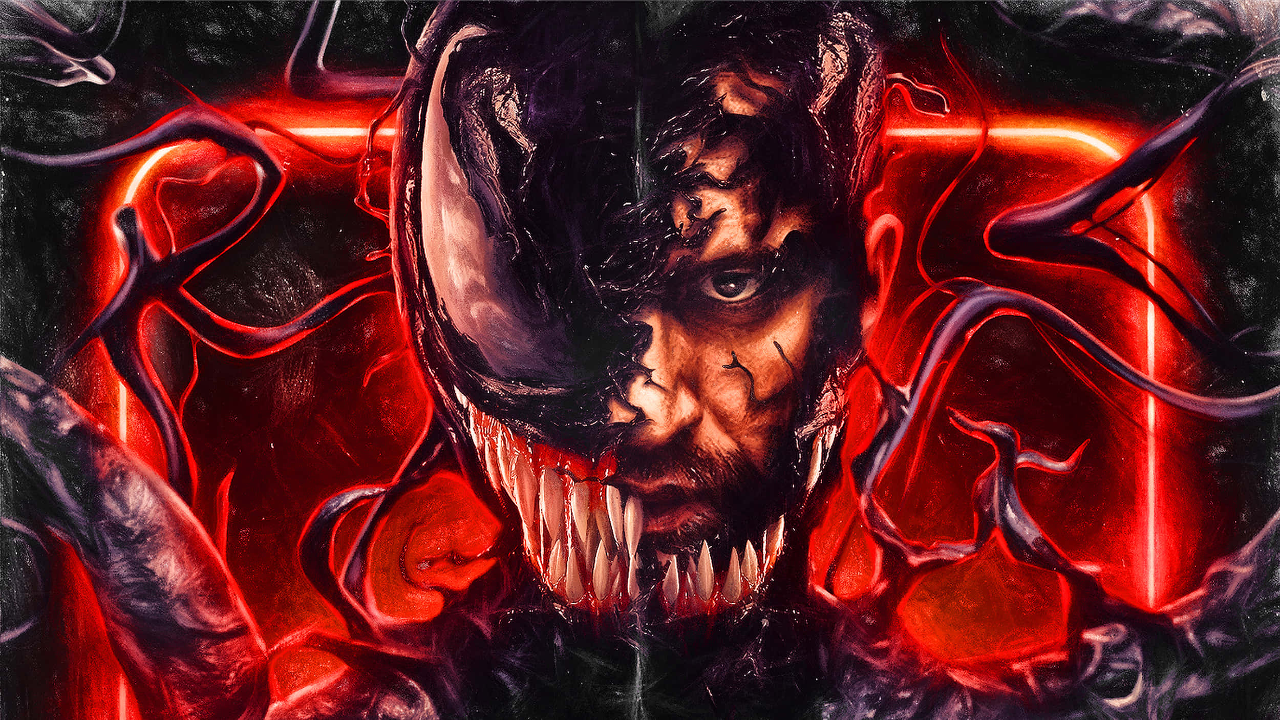 Tom Hardy Venom 桌布 壁紙 — 一個可怕的分裂面孔生物，一半是人類，一半是黑色共生體，在黑暗背景下發出紅光。