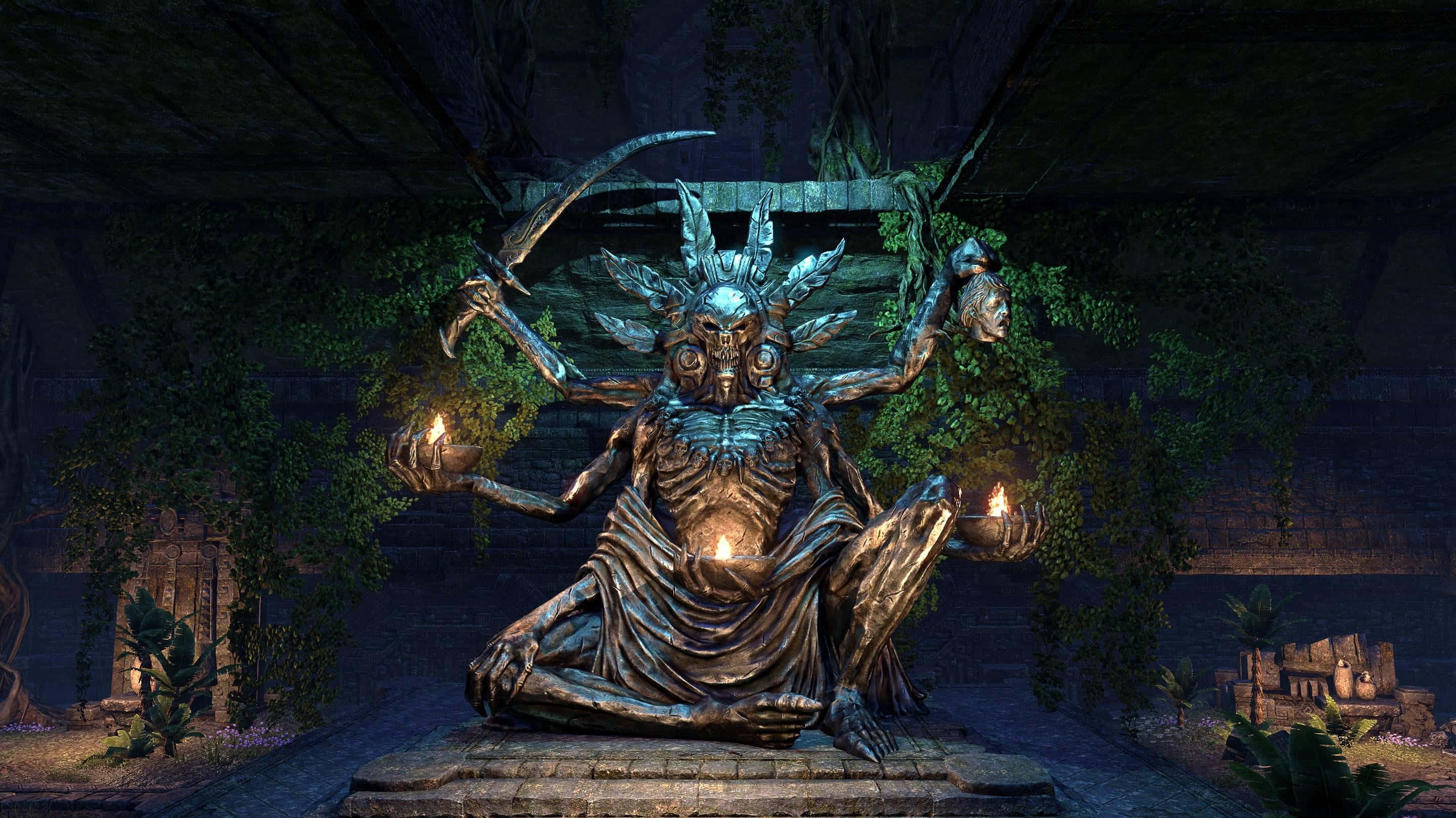 Dark Brotherhood 桌布 壁紙 — 一個可怕的多臂雕像，眼睛發光，手持蠟燭，坐在黑暗樹冠下的長滿苔蘚的廢墟中。