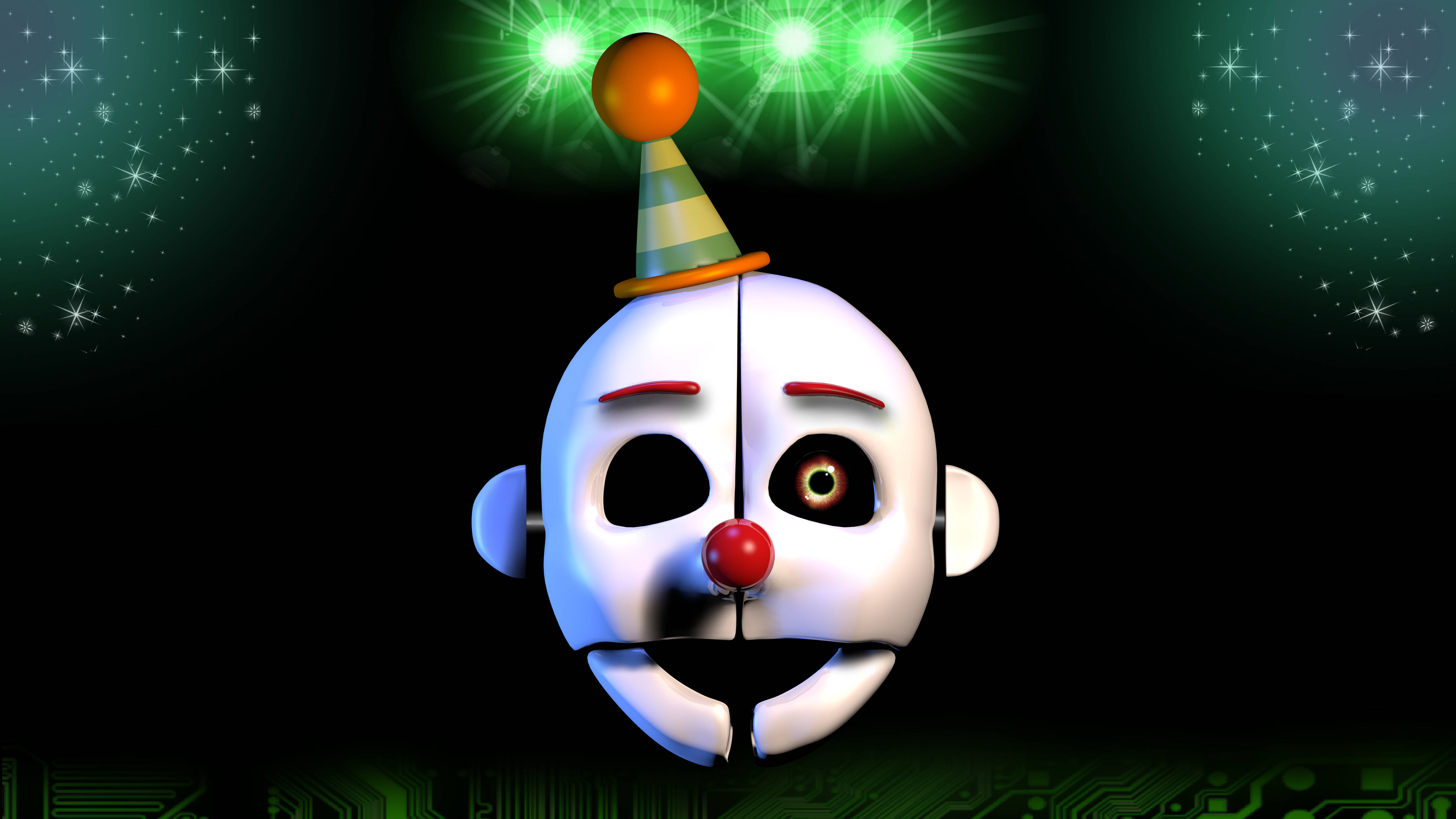 Ennard 桌布 壁紙 — 一個可怕的小丑臉，有一隻發光的眼睛和派對帽，在綠色舞台燈光下，背景黑暗。
