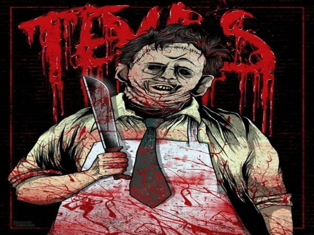 皮臉殺手 桌布 壁紙 — 一個可怕的插圖殺手，帶有縫合和血跡，拿著刀，背景是滴血的紅色標題。