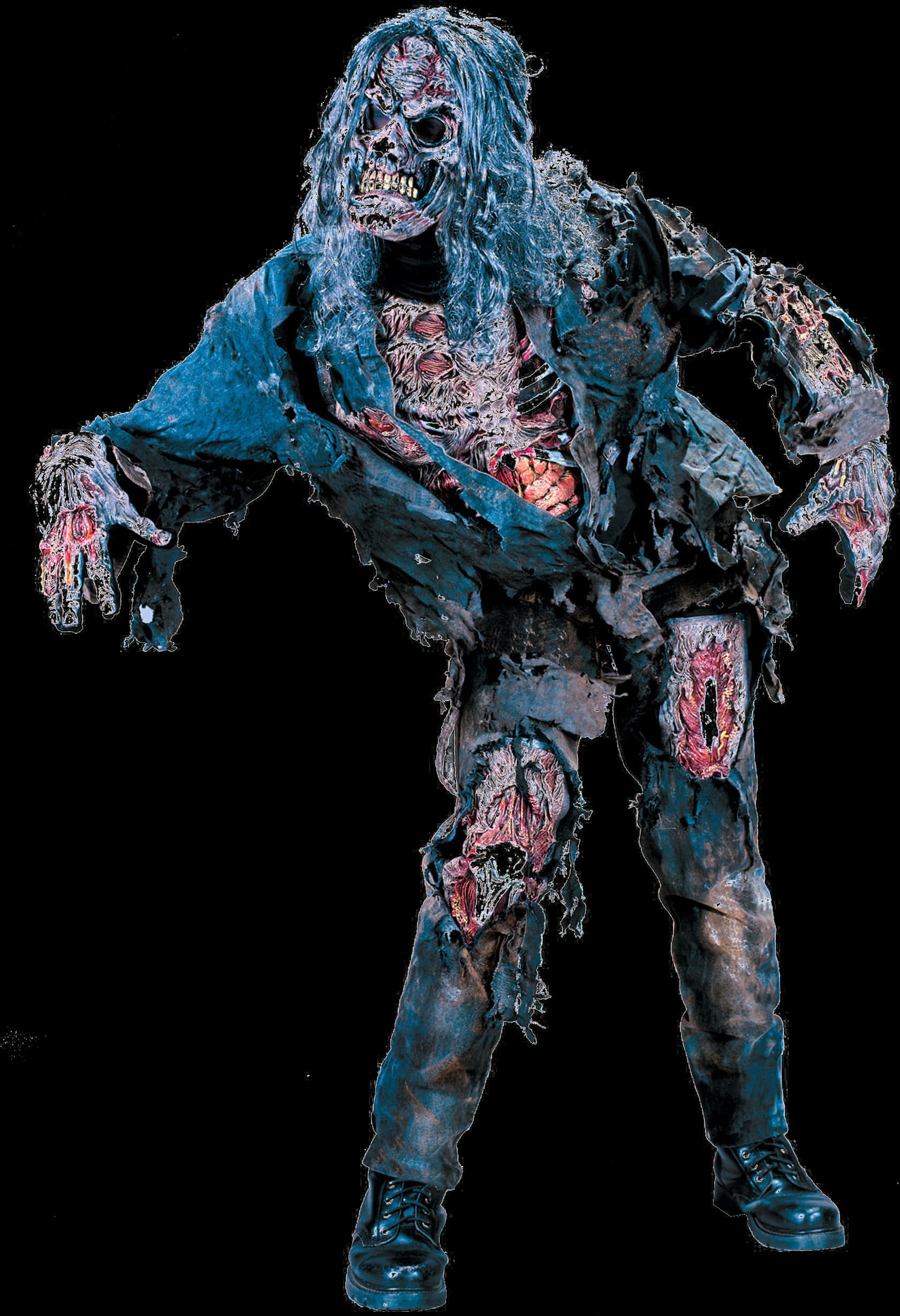 Undead 桌布 壁紙 — 一個可怕的殭屍，穿著破爛的藍色衣服，露出血淋淋的肉體，站在黑色背景前。