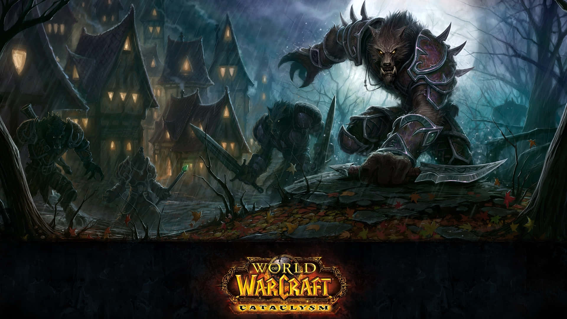 World Of Warcraft 1920x1080 桌布 壁紙 — 一個可怕的獸人戰士，身穿尖刺盔甲，眼睛發光，在月光下的黑暗森林村莊中威風凜凜地站立。
