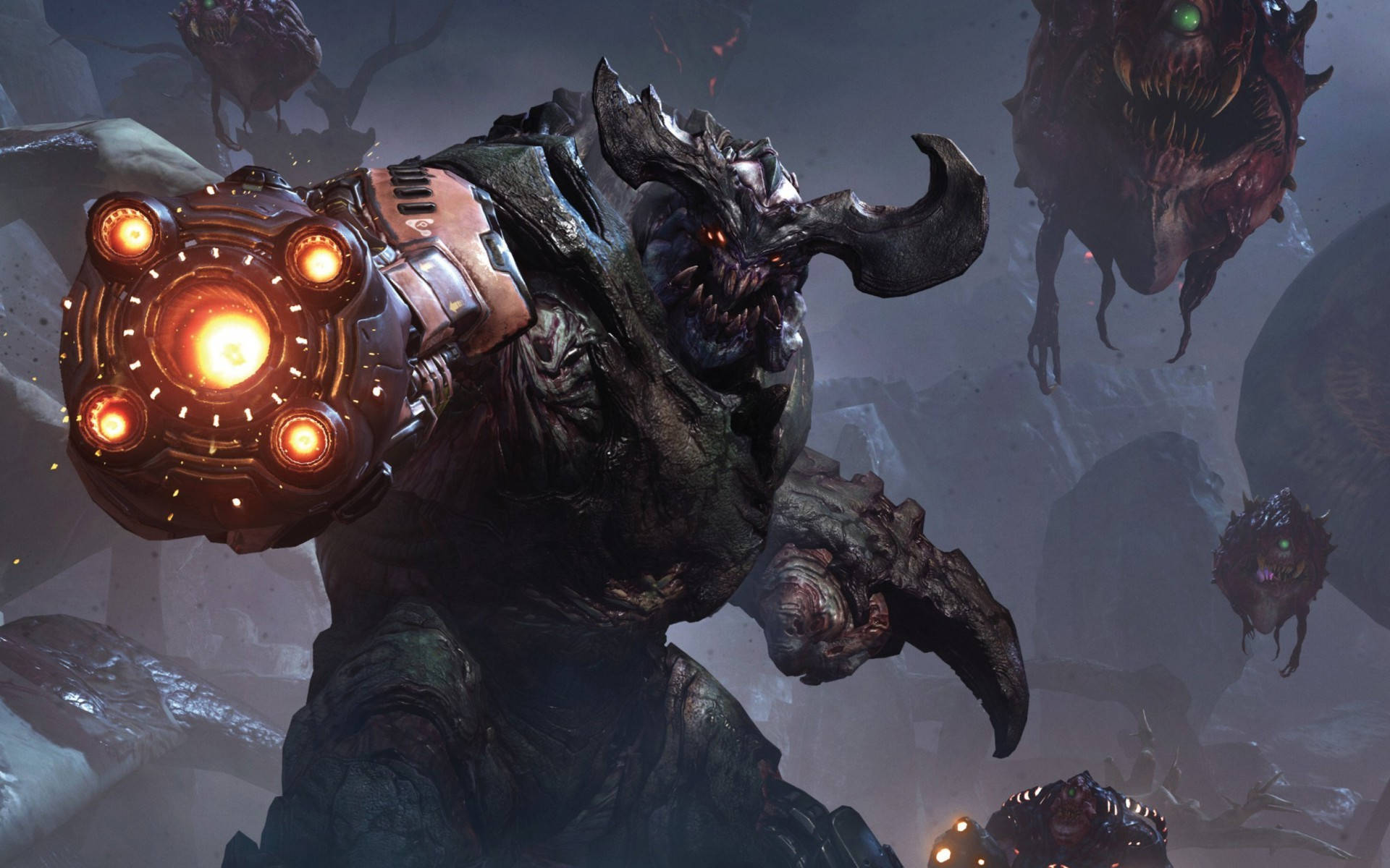 Doom Eternal 桌布 壁紙 — 一個可怕的異形戰士手持發光的橙色武器，在黑暗的科幻戰場上衝鋒，周圍漂浮著怪誕的生物。