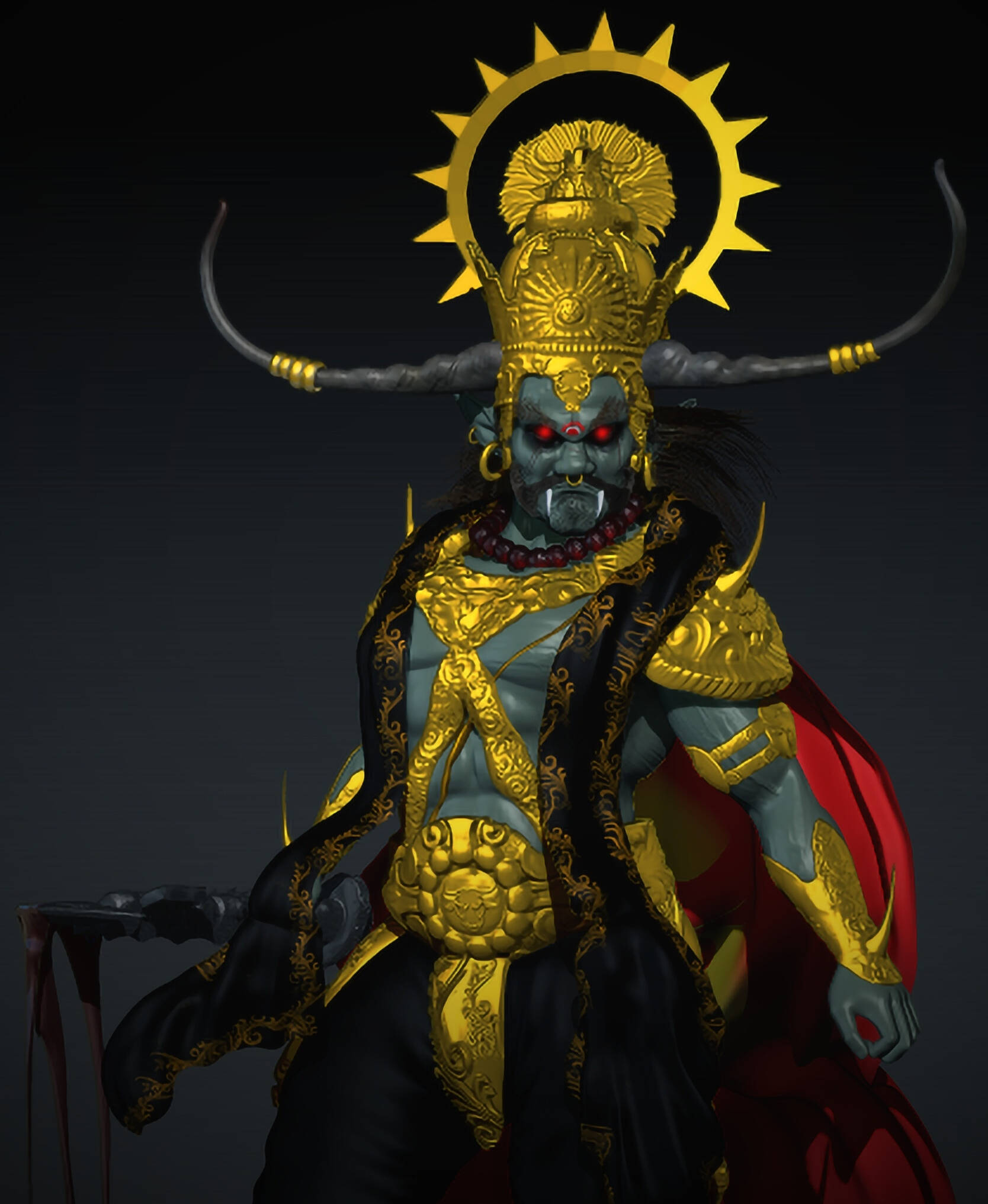 Vishnu 桌布 壁紙 — 一個可怕的藍皮膚神祇，擁有發光的紅眼睛和金色角，身穿華麗盔甲，威嚴地站在黑暗背景前。