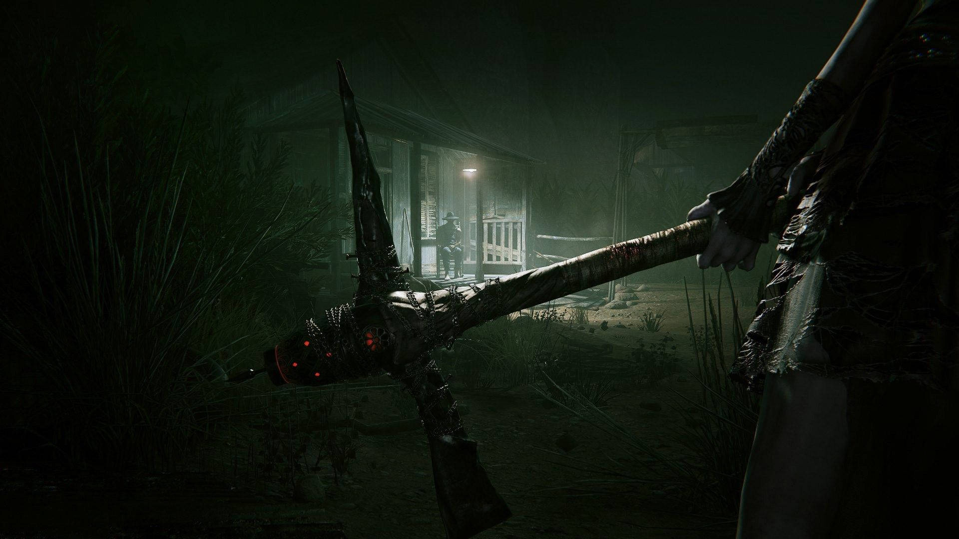 一個人在夜晚的黑暗房子外拿著一把發光的斧頭。 — Ps4 壁紙