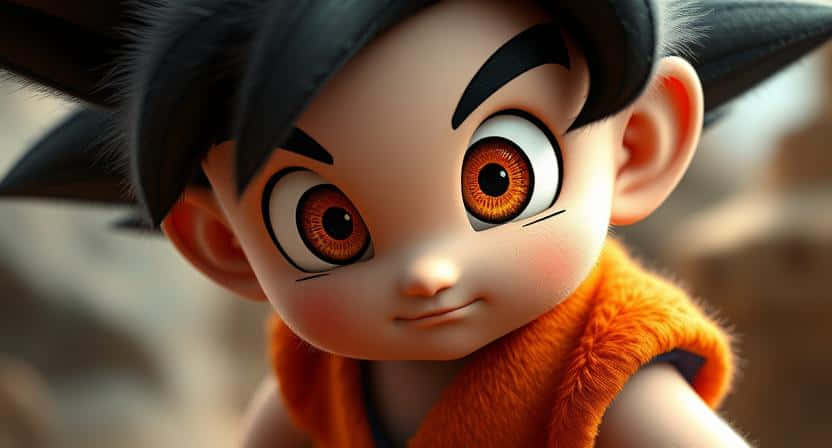 Dragon Ball Z Goku Little Hero Anime Desktop Wallpaper 壁紙 — 一個可愛動漫男孩的特寫，他有刺刺的黑髮、橙色眼睛和橙色背心，直視觀眾。